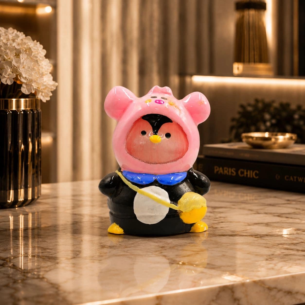 Cute Penguin in Pink Hoodie Figurine - Handcrafted Adorable Cartoon Showpiece for Home Decor, Desk, Shelf & Gifting