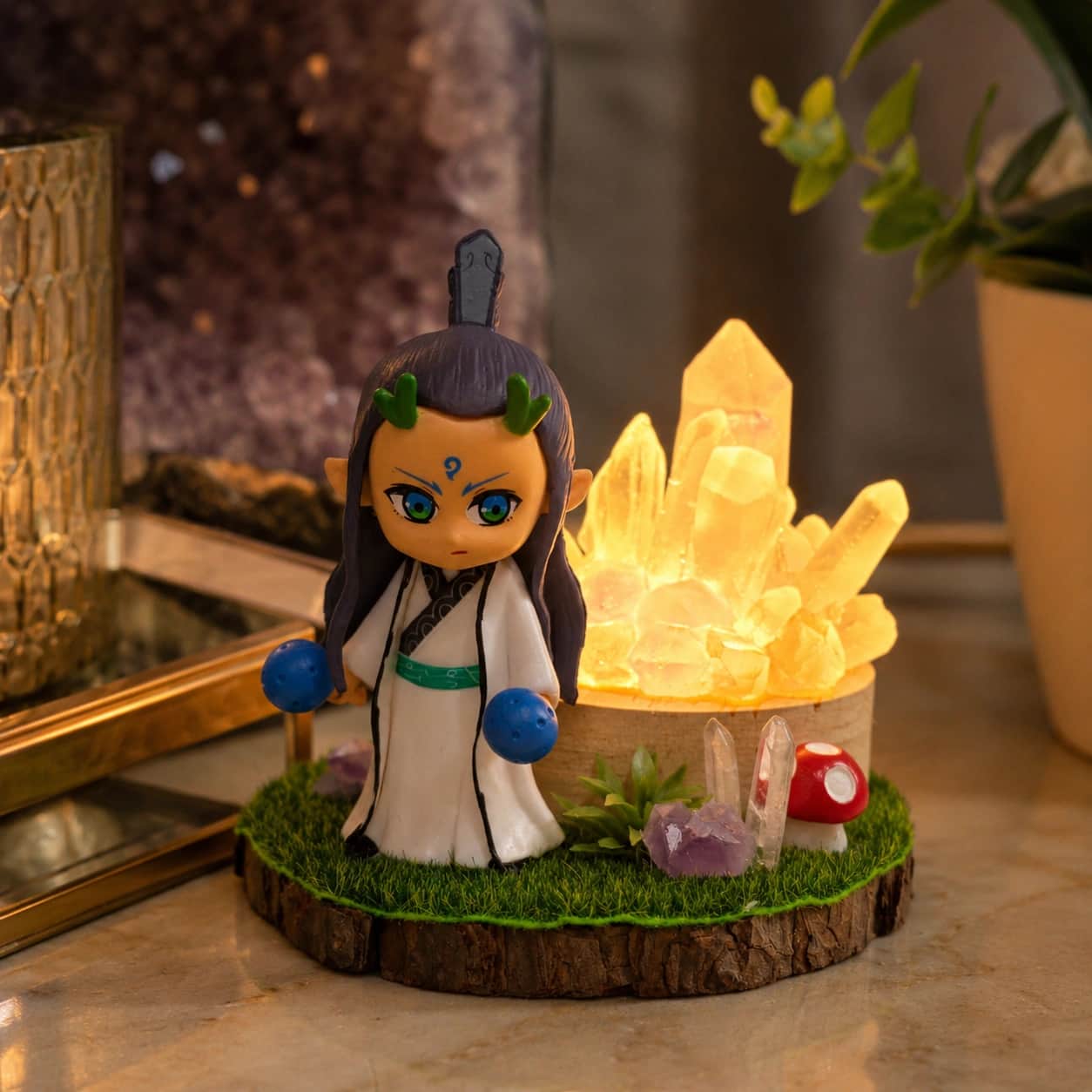Cute Warrior Figurine LED Crystal Decorative Lamp with Clear Quartz and Amethyst 1