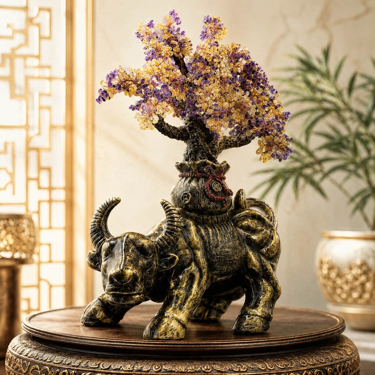 Decorative Bull Bonsai Sculpture | Purple & Golden Gemstone Crystal Tree | 46 cm Luxury Home & Office Décor 1
