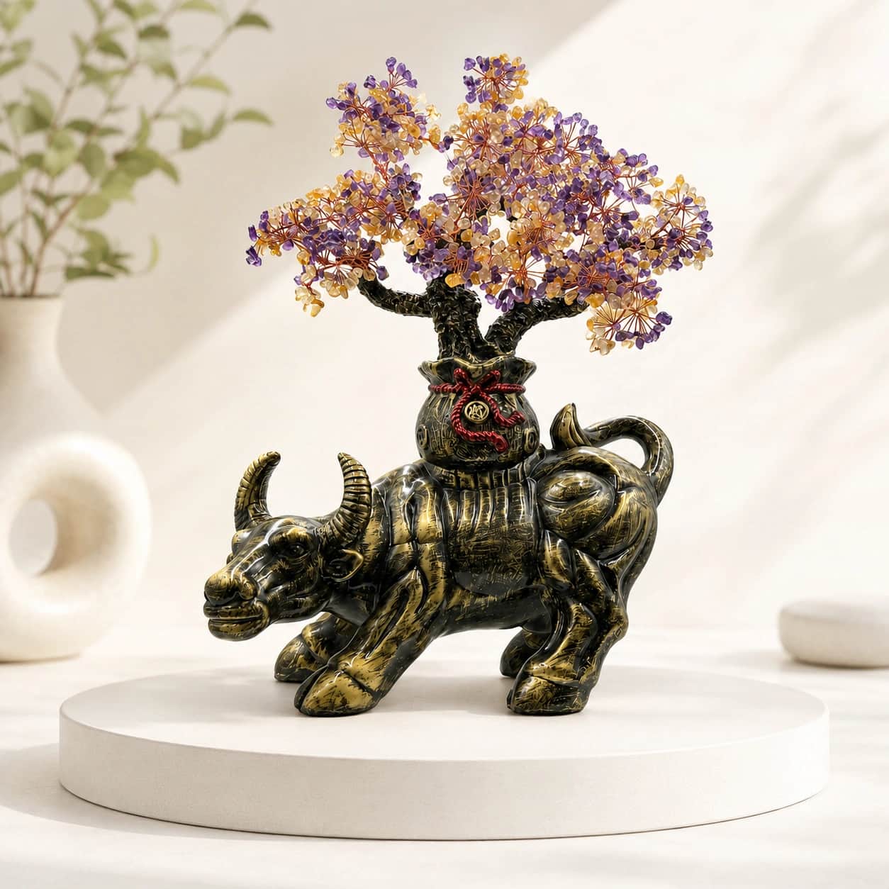 Decorative Bull Bonsai Sculpture | Purple & Golden Gemstone Crystal Tree | 46 cm Luxury Home & Office Décor 2