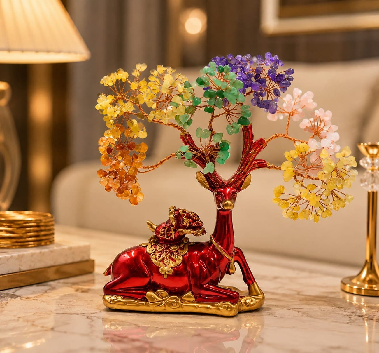 Decorative Deer Tree Showpiece - Handcrafted Red & Gold Sitting Deer with a Natural 5-Stone Gemstone Tree | Vastu & Feng Shui Home Decor
