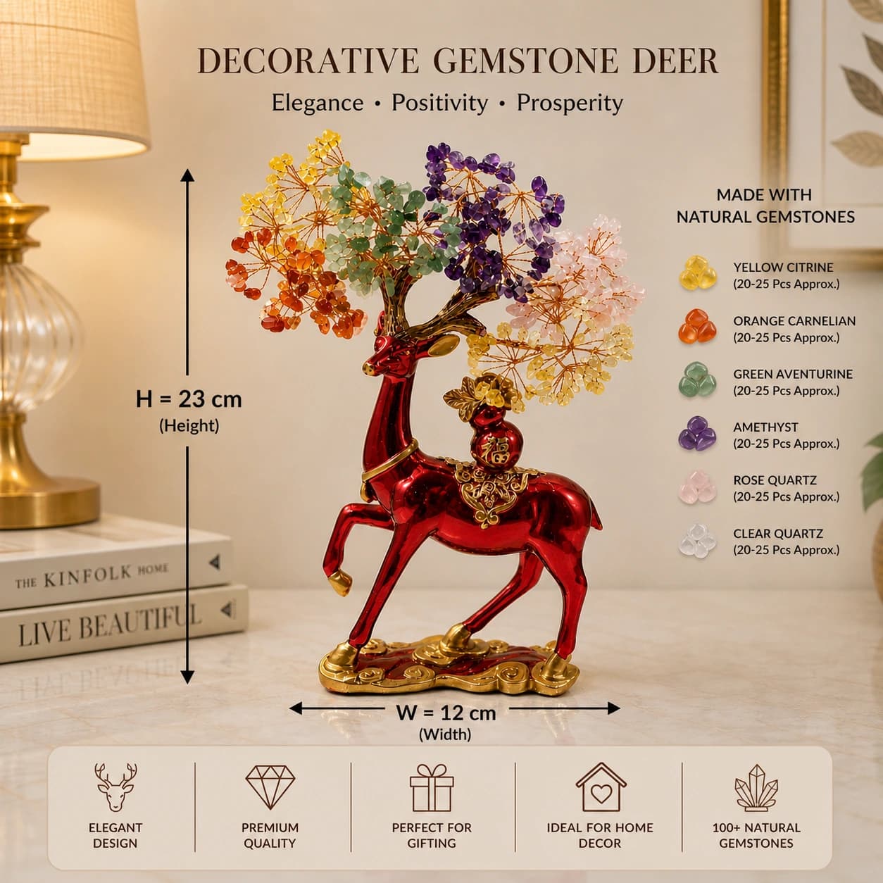 Decorative Gemstone Deer Tree Showpiece - Handcrafted Red & Gold Deer with a Natural 7-Stone Crystal Wish Tree | Vastu & Feng Shui Home Decor