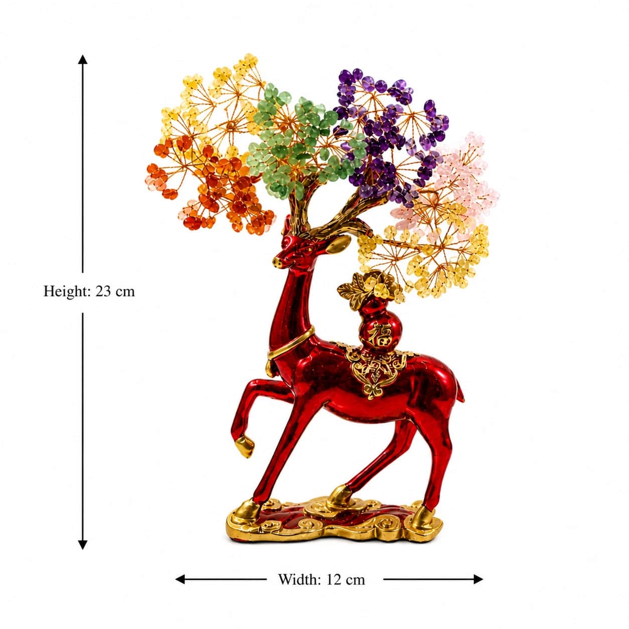 Decorative Gemstone Deer Tree Showpiece - Handcrafted Red & Gold Deer with a Natural 7-Stone Crystal Wish Tree | Vastu & Feng Shui Home Decor 2