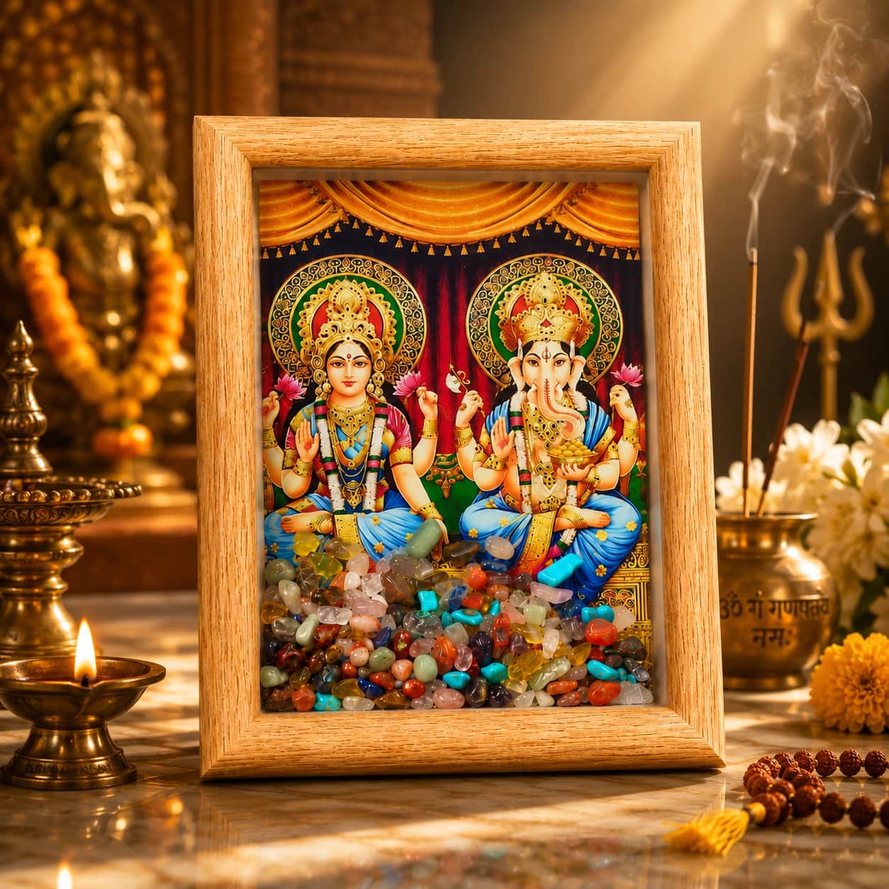 Divine Blessings Lakshmi Ganesha Natural Gemstone Chip Photo Frame 1