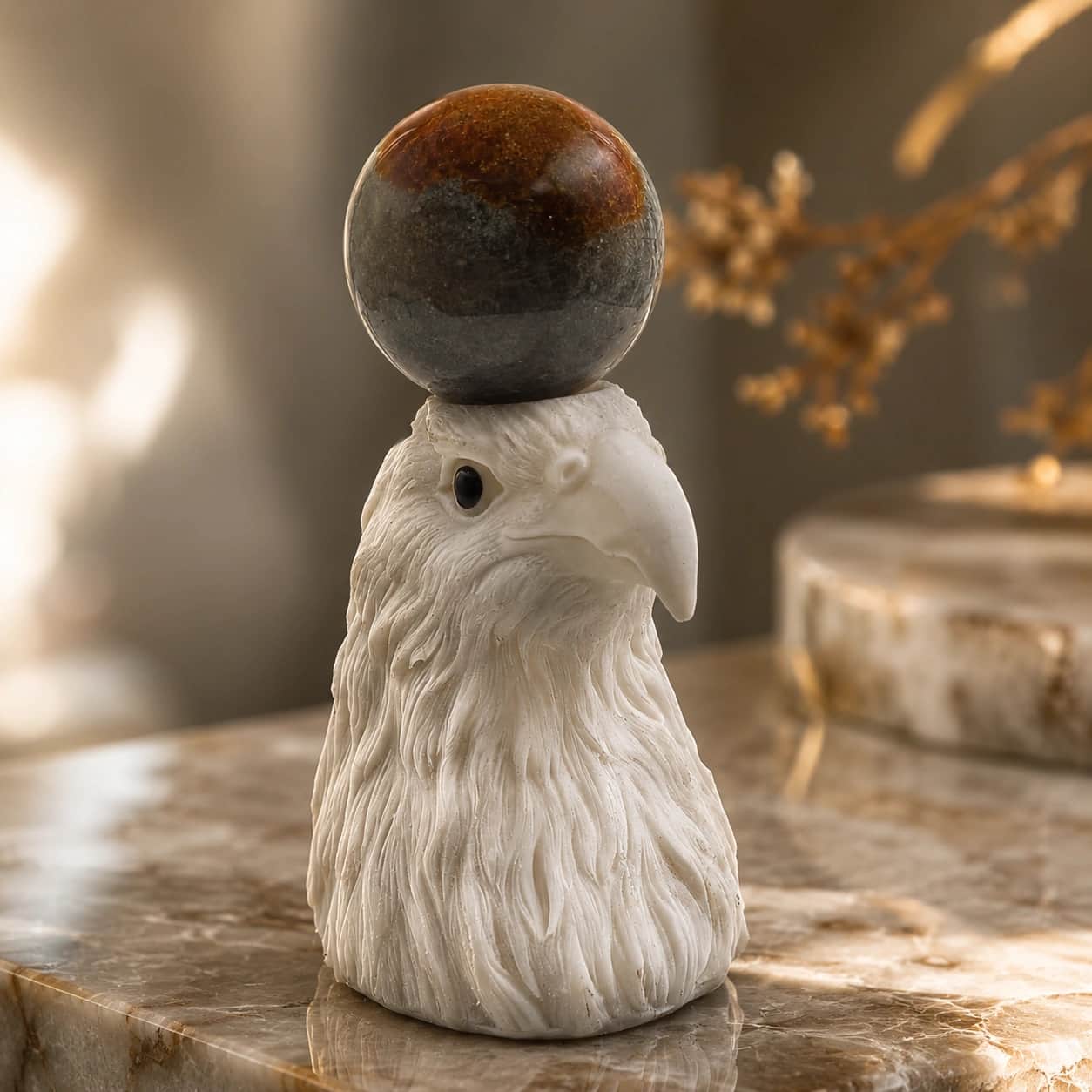 Eagle Head Natural Stone Sphere Decor with Polished Stone Ball 1