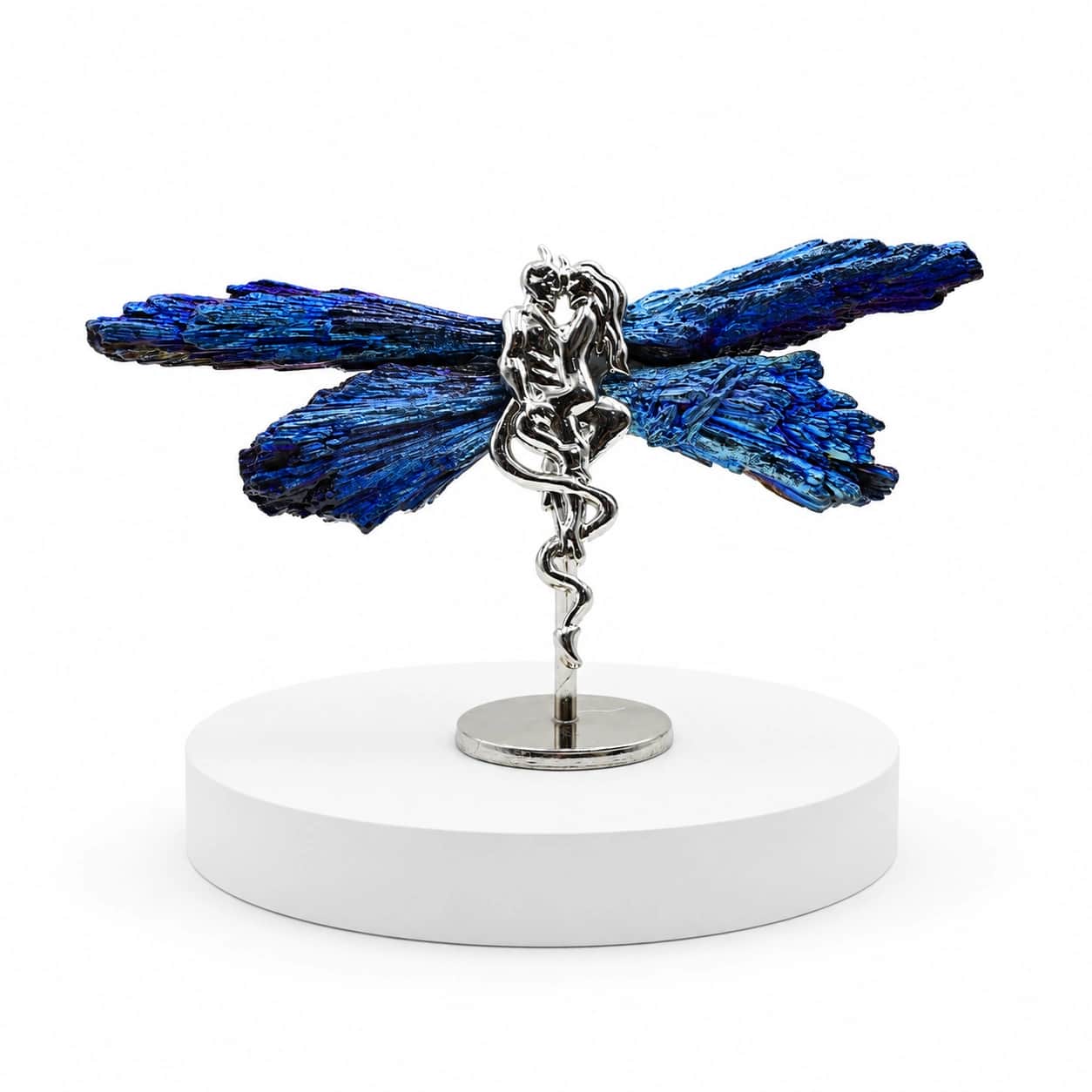Electroplated Blue Tourmaline Couple Sculpture — Natural Crystal Wings with Silver Finish Metal Figure | Spiritual Love Gift & Luxury Home Décor 2