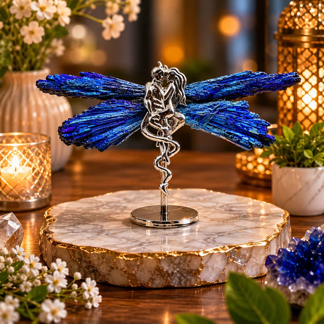 Electroplated Blue Tourmaline Couple Sculpture — Natural Crystal Wings with Silver Finish Metal Figure | Spiritual Love Gift & Luxury Home Décor 1