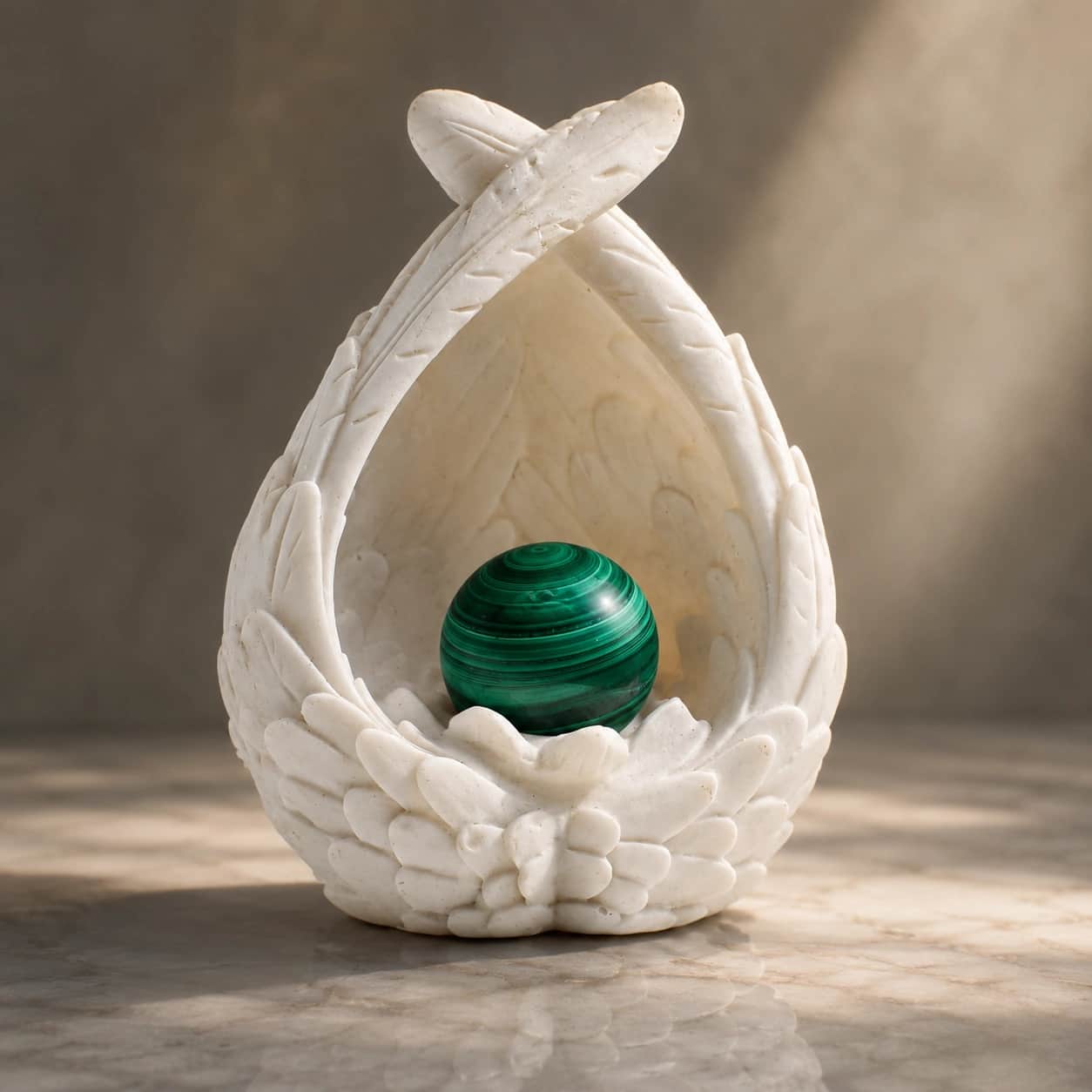 Elegant Malachite Sphere Decor with White Feather Holder 1