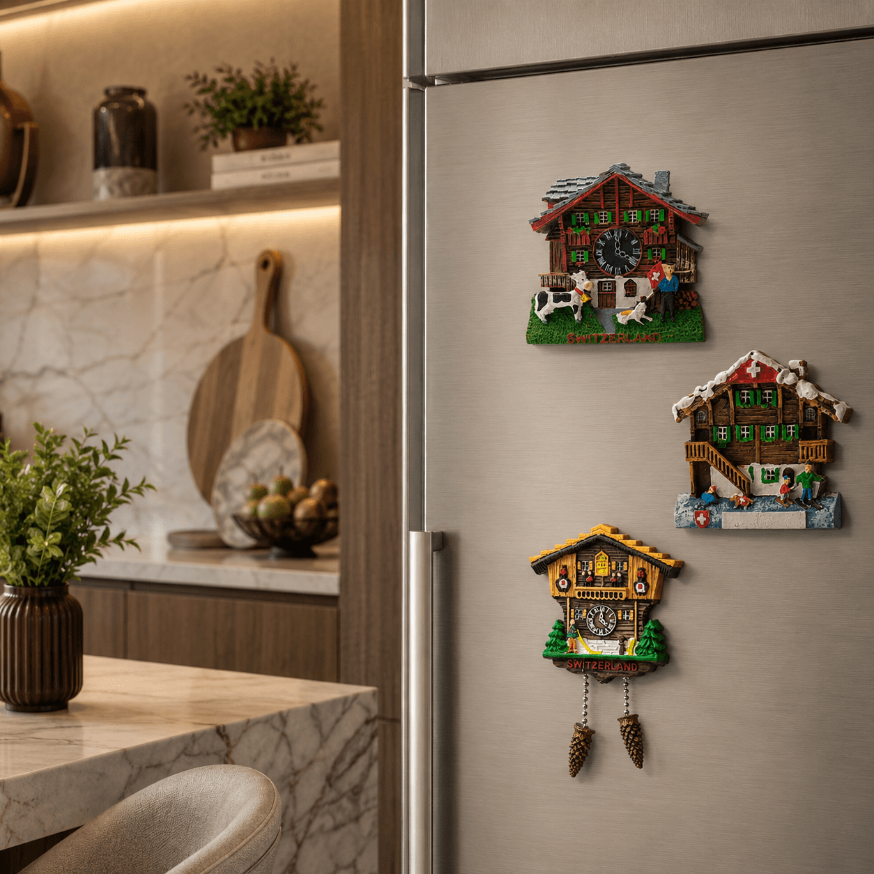 European Cuckoo Clock & Chalet Fridge Magnet – Hand-Painted Resin Souvenir