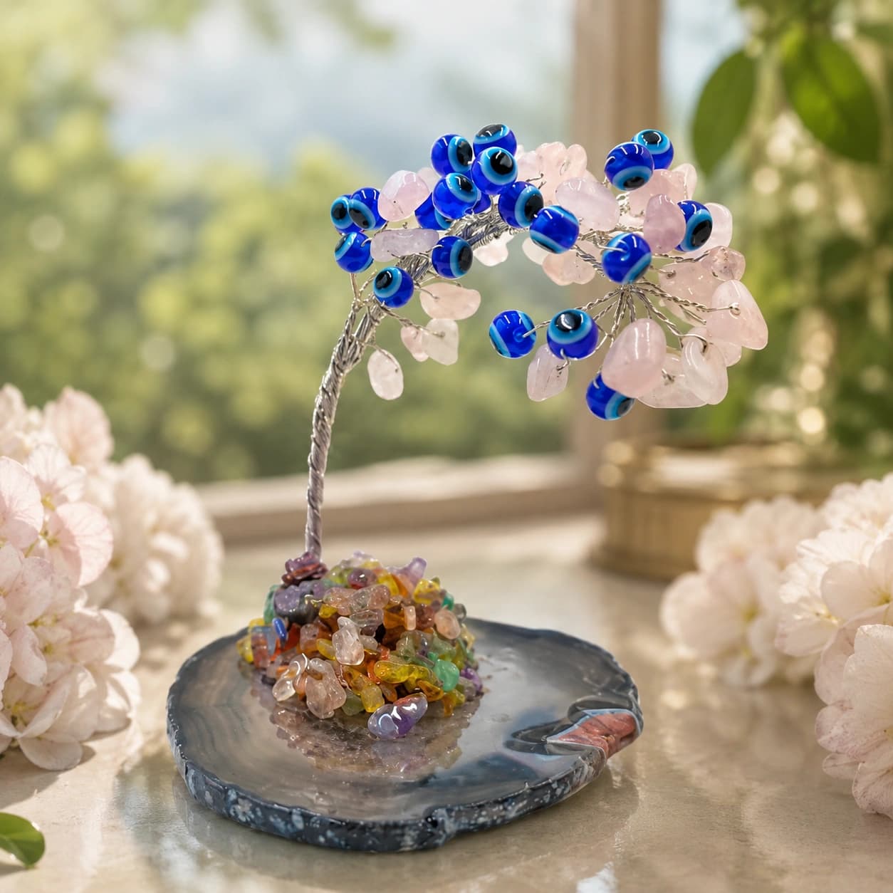 Evil Eye Crystal Tree with Rose Quartz Chips & Natural Agate Slice Base
