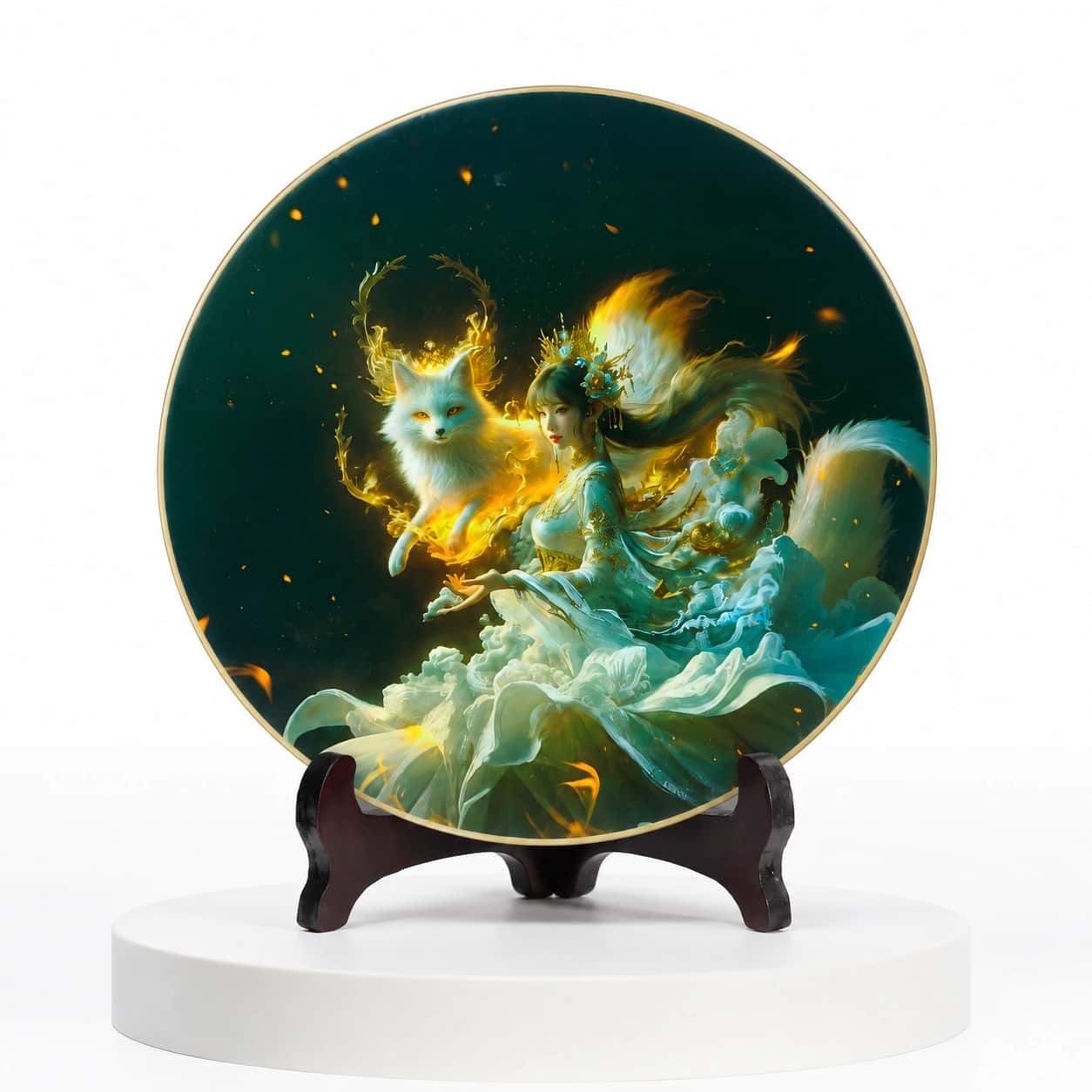 Fantasy Art Decorative Plate | Premium Round Display Décor with Mystical Fairy & White Fox Artwork 2