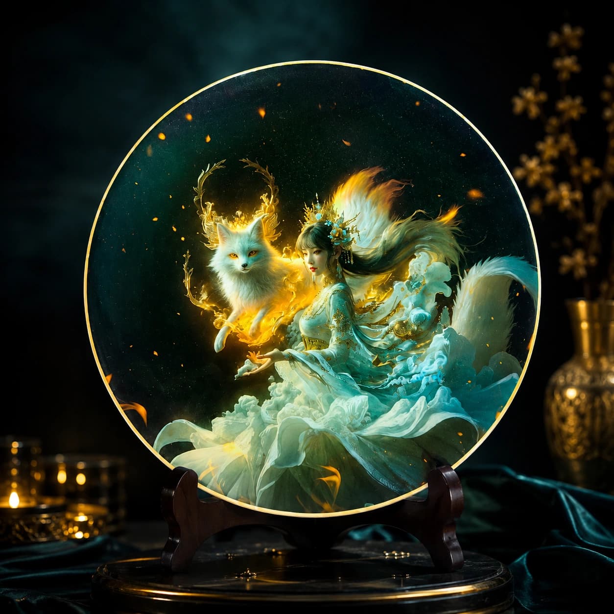 Fantasy Art Decorative Plate | Premium Round Display Décor with Mystical Fairy & White Fox Artwork