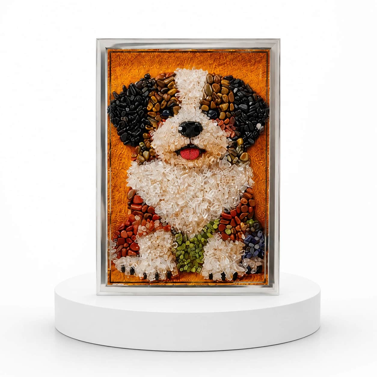 Gemstone Puppy Artwork — Handcrafted Natural Crystal & Gemstone Mosaic Framed Wall Art for Positivity, Charm & Elegance | Carefully Selected Natural Gemstones & Crystals on Textured Canvas in Premium Silver Frame 2