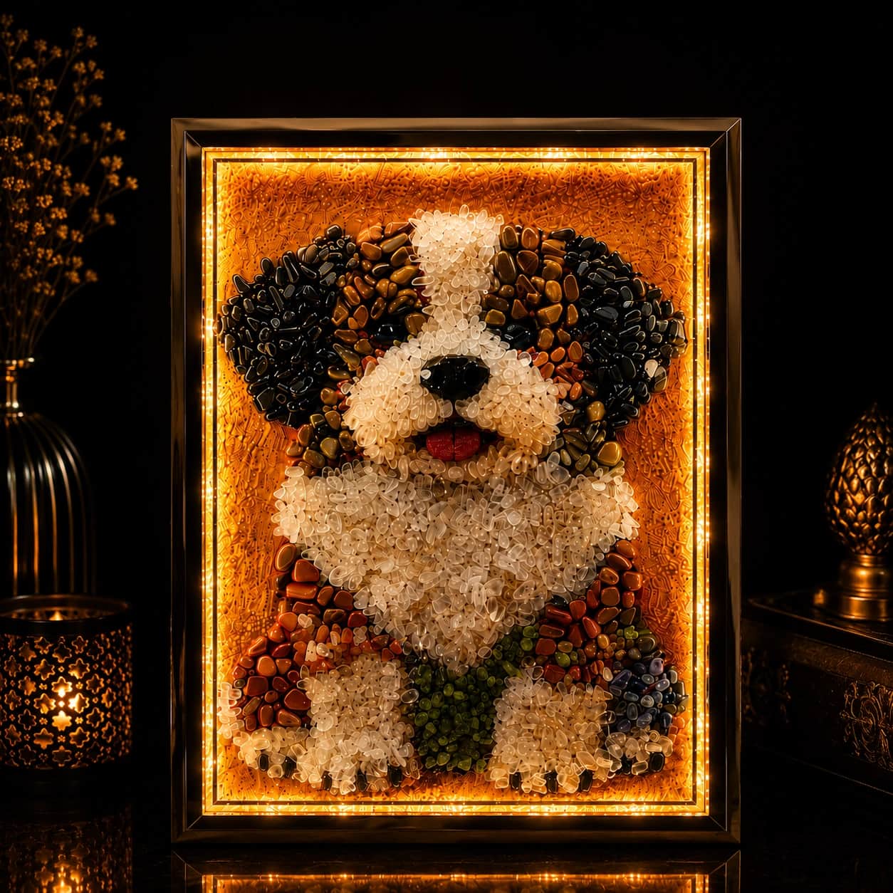 Gemstone Puppy Artwork — Handcrafted Natural Crystal & Gemstone Mosaic Framed Wall Art for Positivity, Charm & Elegance | Carefully Selected Natural Gemstones & Crystals on Textured Canvas in Premium Silver Frame 1