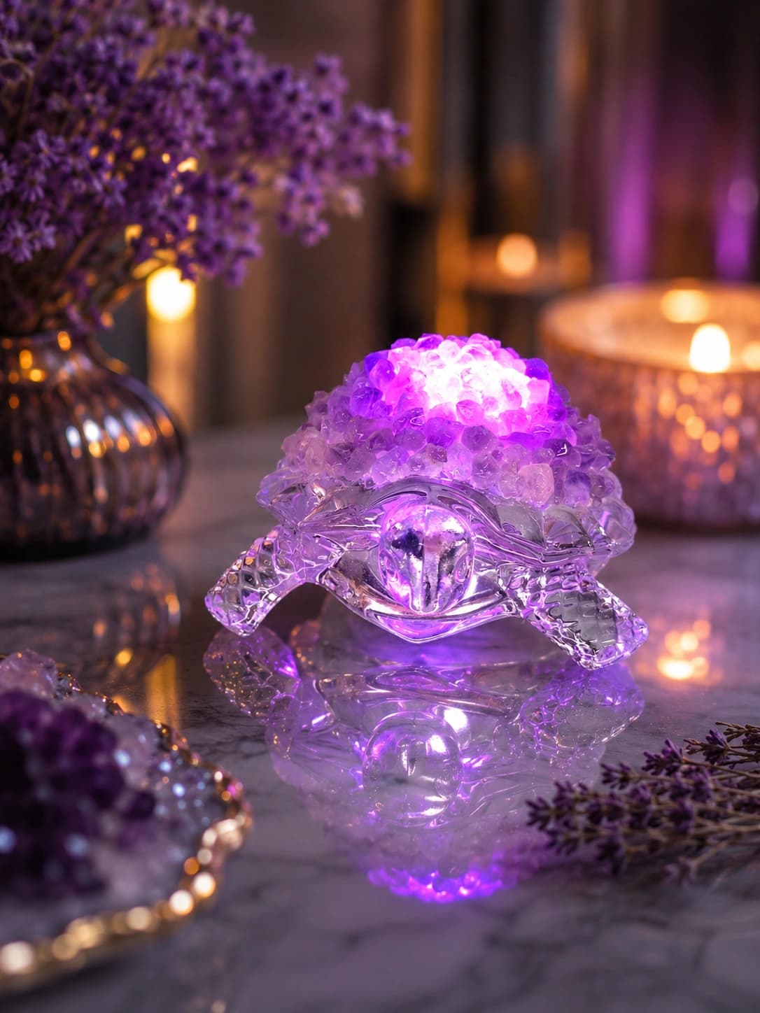 Glass LED Amethyst Crystal Tortoise Figurine — Illuminated Home Décor & Spiritual Gift