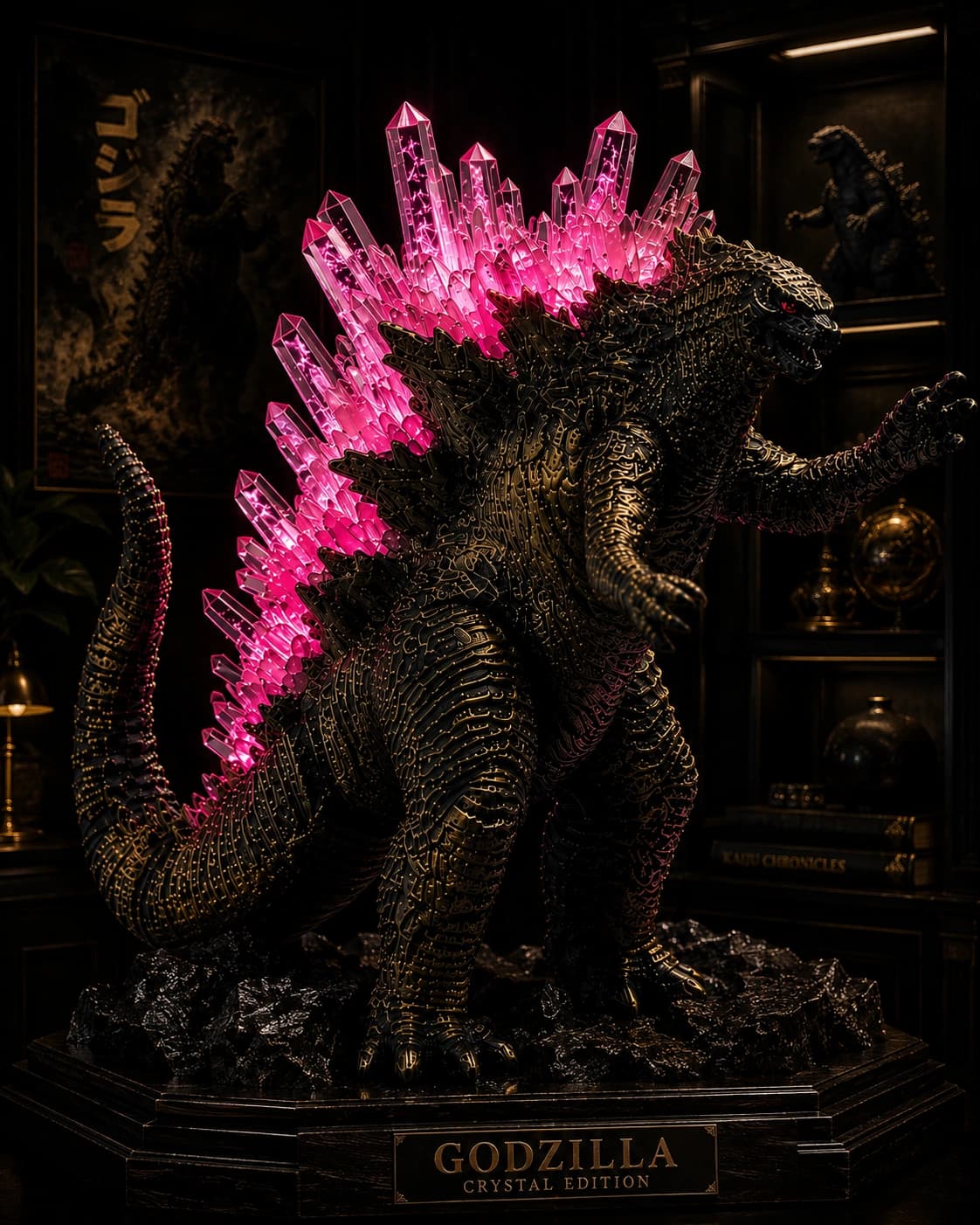 Godzilla Crystal Edition Figurine — Large | Premium Resin Antique Gold Finish | Pink Aura Crystal Dorsal Fins | Collector's Figurine & Home Décor Gift