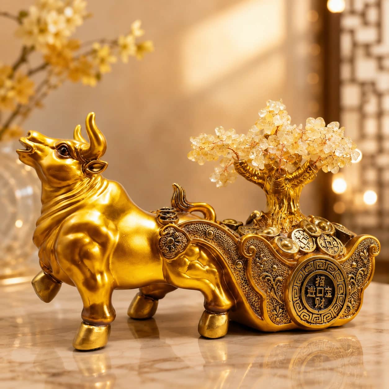 Golden Bull Citrine Crystal Tree | Premium Wealth Bull Decorative Figurine with Natural Citrine Crystals 1