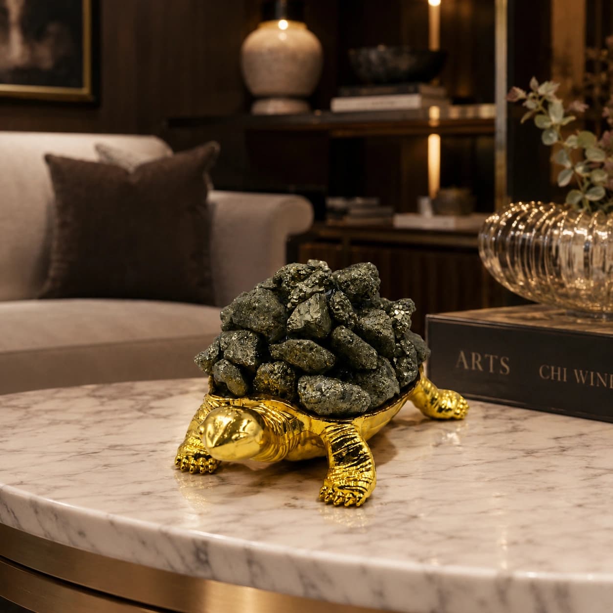 Golden Pyrite Turtle LED Decor with Natural Pyrite Stones, Metallic Gold Turtle Base & Purple Ambient Glow