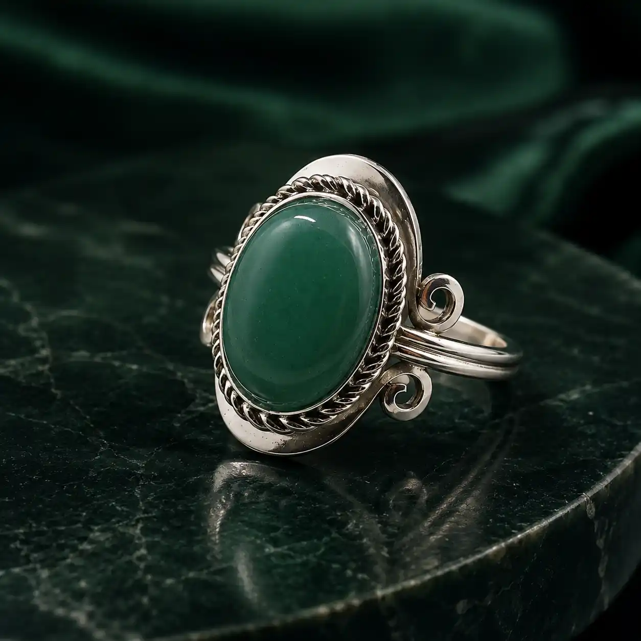 Green Aventurine Adjustable Ring - Natural Oval Stone Pure Copper Band 1