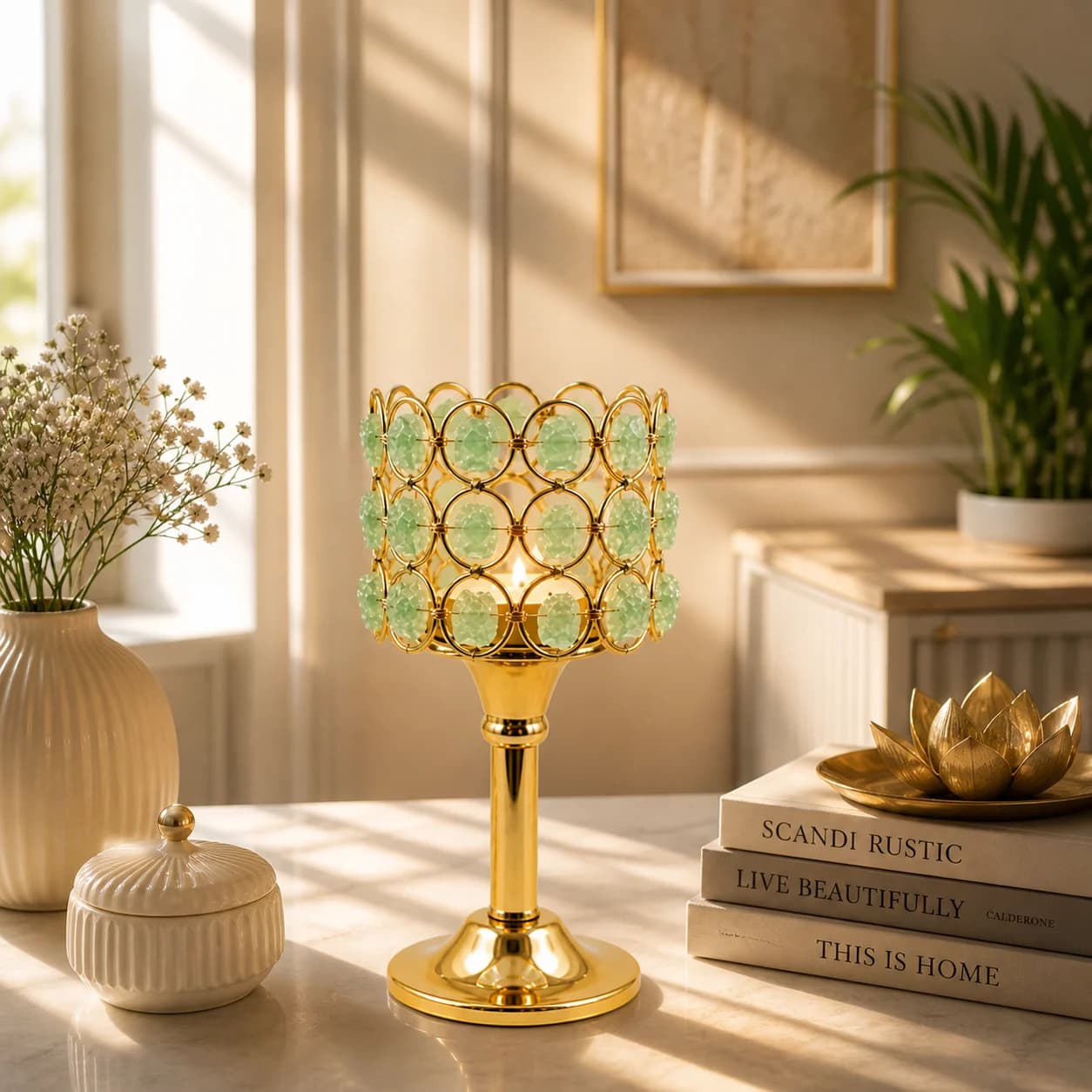 Green Aventurine Crystal Candle Holder - Handcrafted Gold-Finish Metal Tealight Stand Embellished with Natural Green Aventurine Stones | Vastu & Feng Shui Home Decor