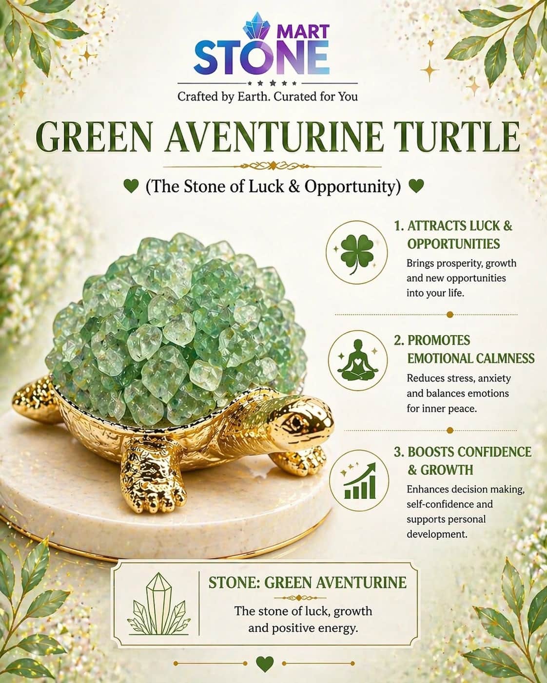 Green Aventurine Crystal LED Turtle Showpiece – Stone of Luck & Opportunity | Handcrafted Golden Feng Shui Tortoise Night Lamp for Wealth, Growth & Positive Energy 1