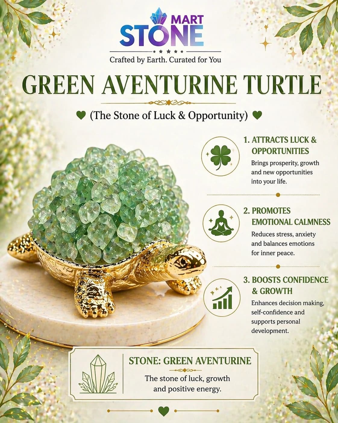 Green Aventurine Crystal LED Turtle Showpiece – Stone of Luck & Opportunity | Handcrafted Golden Feng Shui Tortoise Night Lamp for Wealth, Growth & Positive Energy