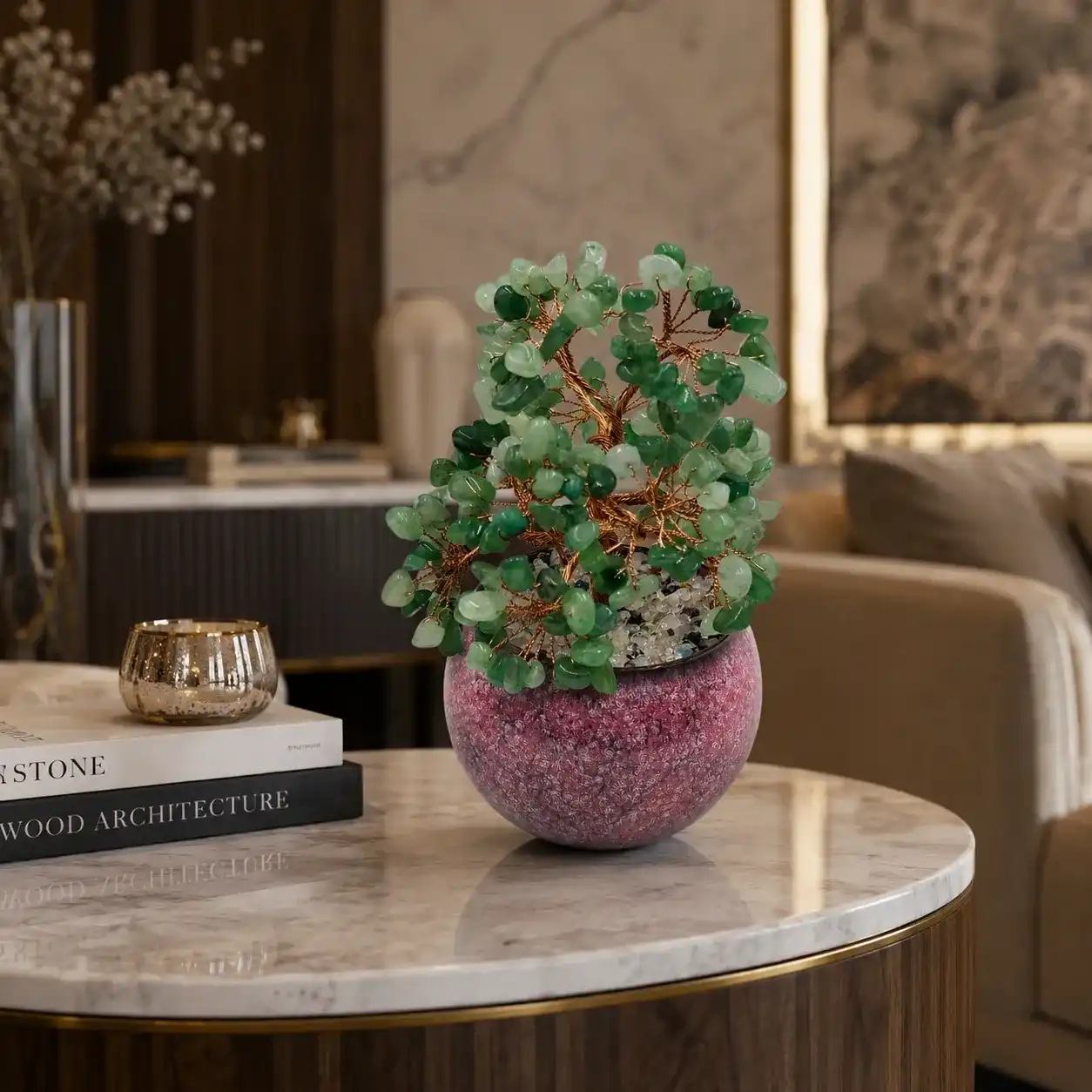 Green Aventurine Crystal Tree in Textured Pink Ceramic Pot | Handcrafted Gemstone Tree Decor | 216 Beads | 13.5 cm 1