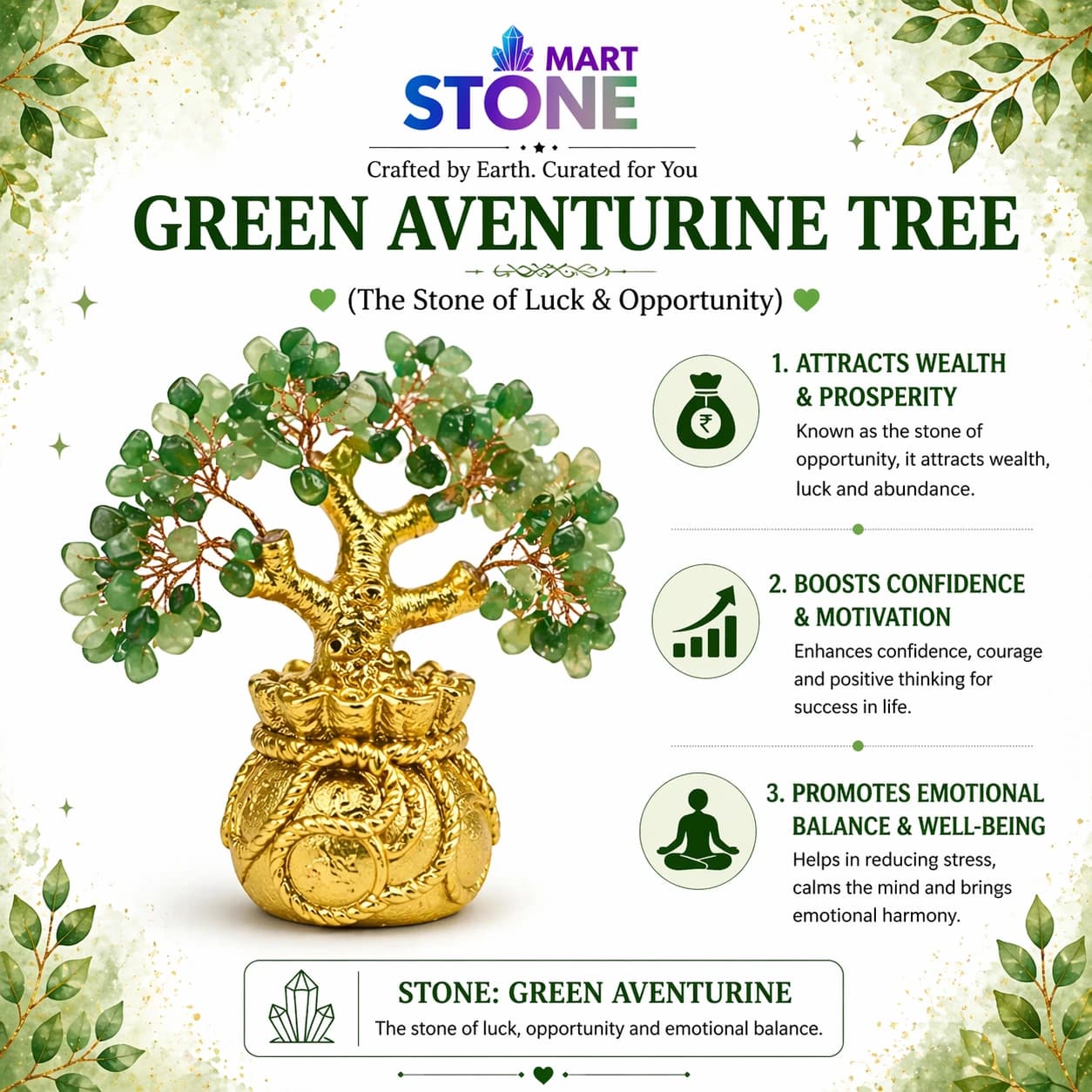 Green Aventurine Crystal Tree – Natural Feng Shui Tree for Luck, Opportunity & Wealth | Handcrafted Gemstone Bonsai