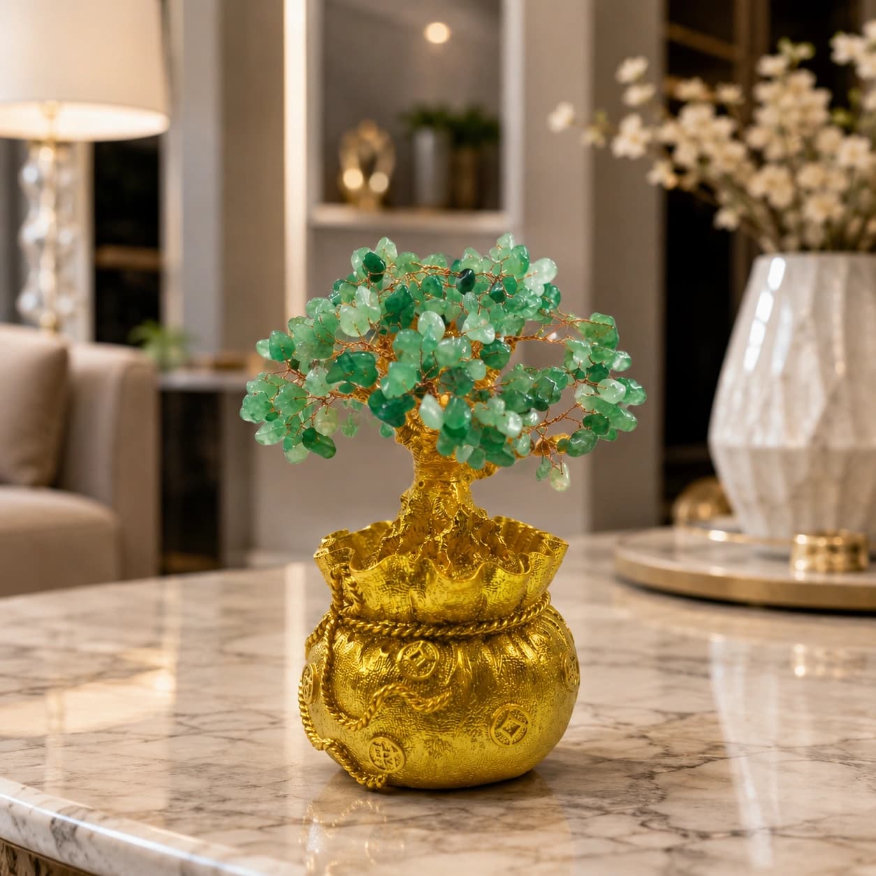Green Aventurine Gemstone Money Tree on Golden Money Bag Base - Feng Shui Wealth, Prosperity & Good Luck Tree | Vastu Decor for Home, Office, Cash Counter & Pooja Room | Premium Crystal Bonsai Showpiece