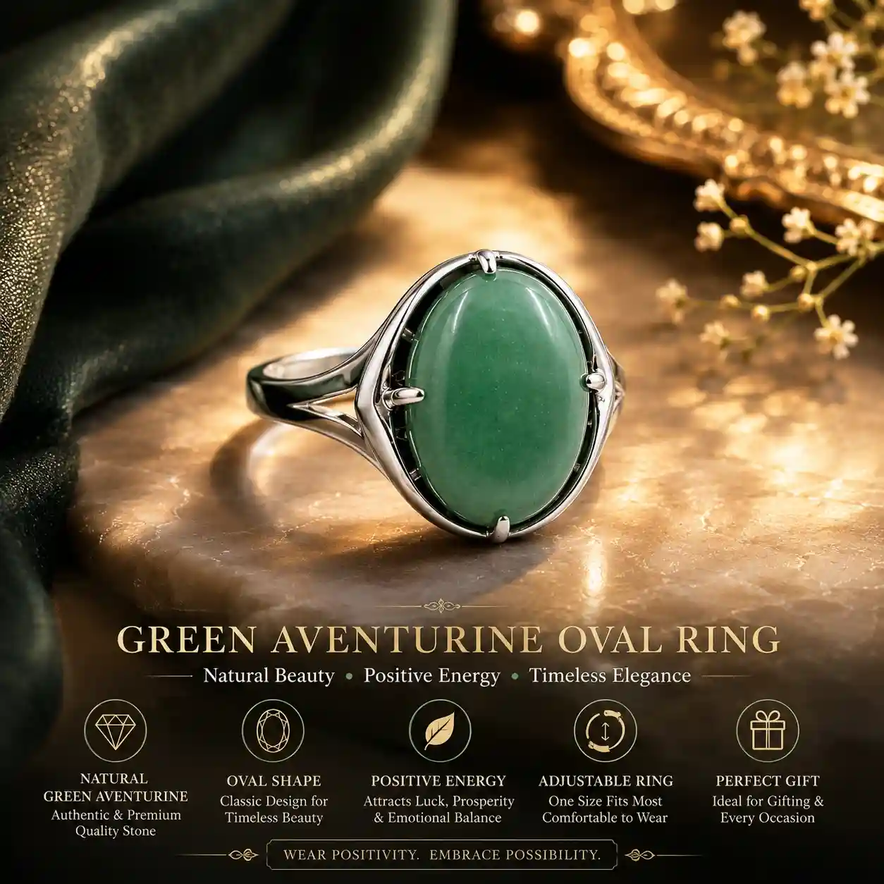 Green Aventurine Oval Adjustable Ring | Natural Oval Cabochon Gemstone Ring with Pure Copper Band | Premium Stone Jewellery for Daily Wear & Gift 1