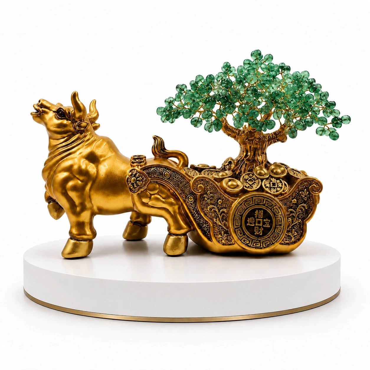 Green Aventurine Wealth Bull Crystal Tree Showpiece | Golden Bull Prosperity Decor 2