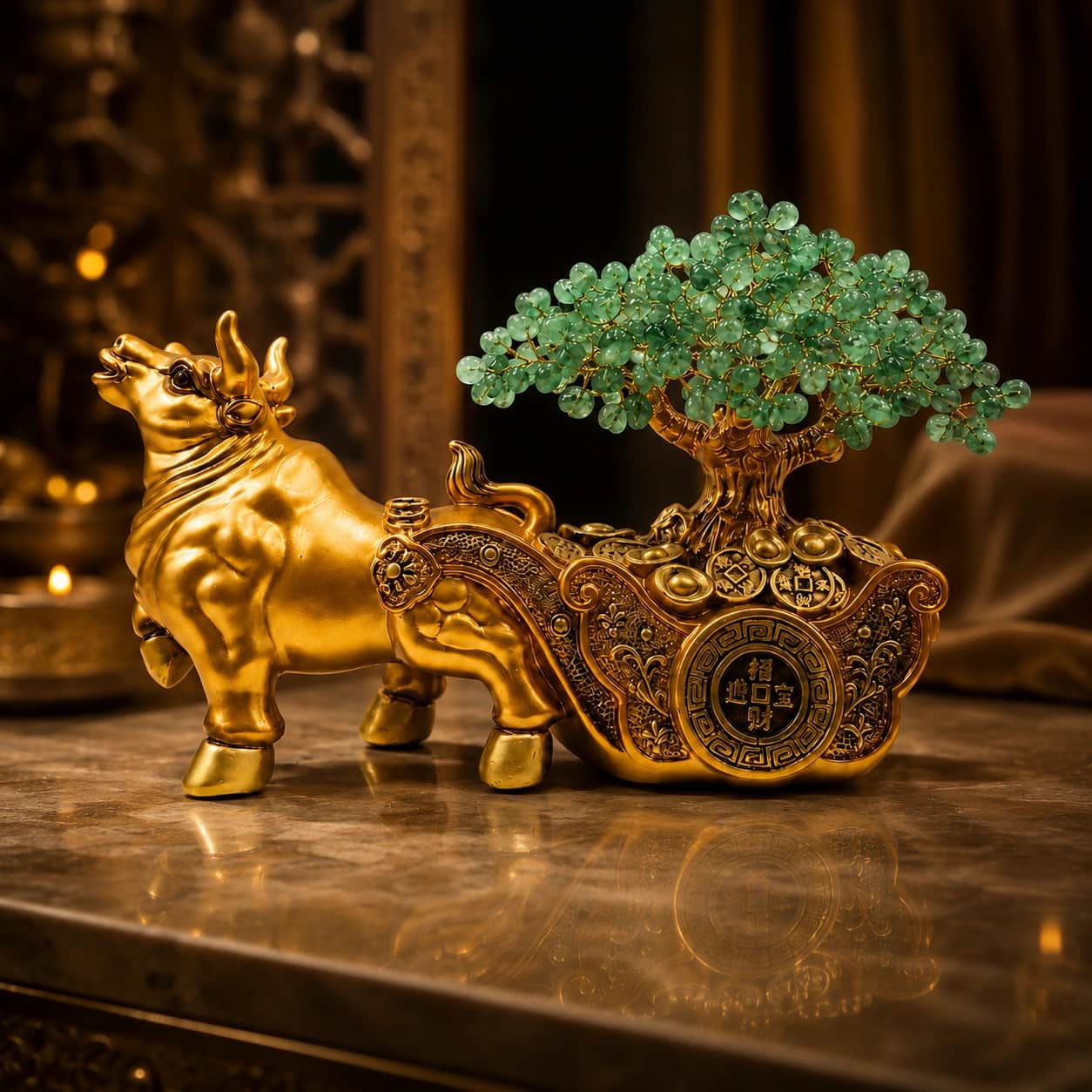 Green Aventurine Wealth Bull Crystal Tree Showpiece | Golden Bull Prosperity Decor 1