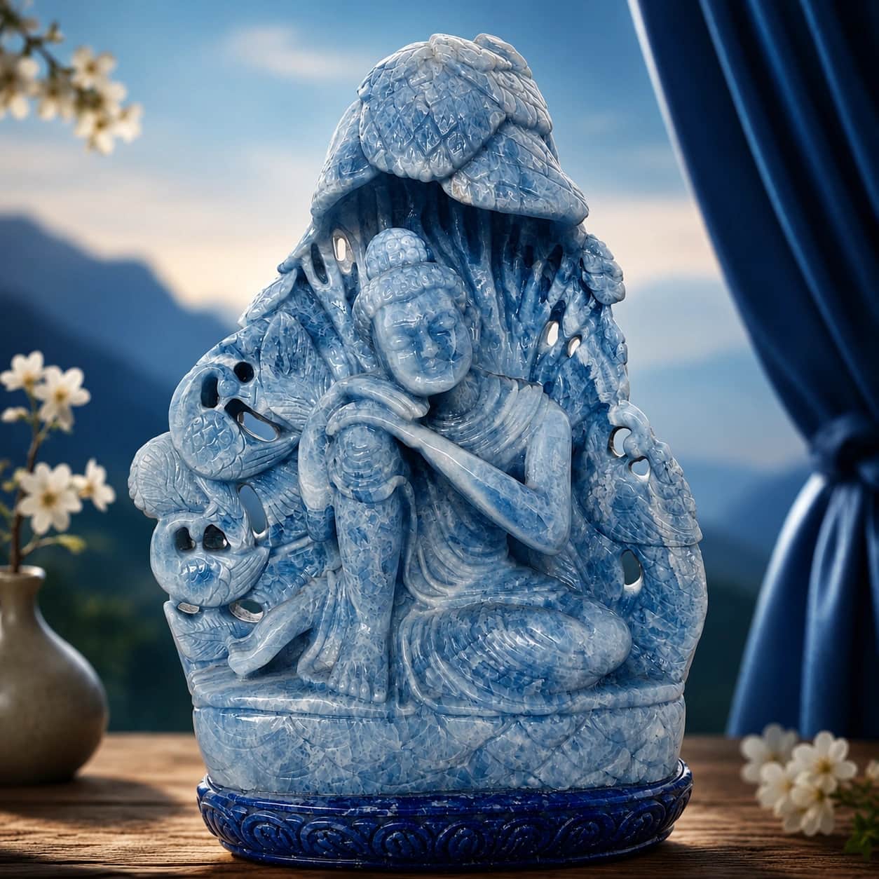 Hand-Carved Blue Calcite Sculpture with Lapis Lazuli Base 1