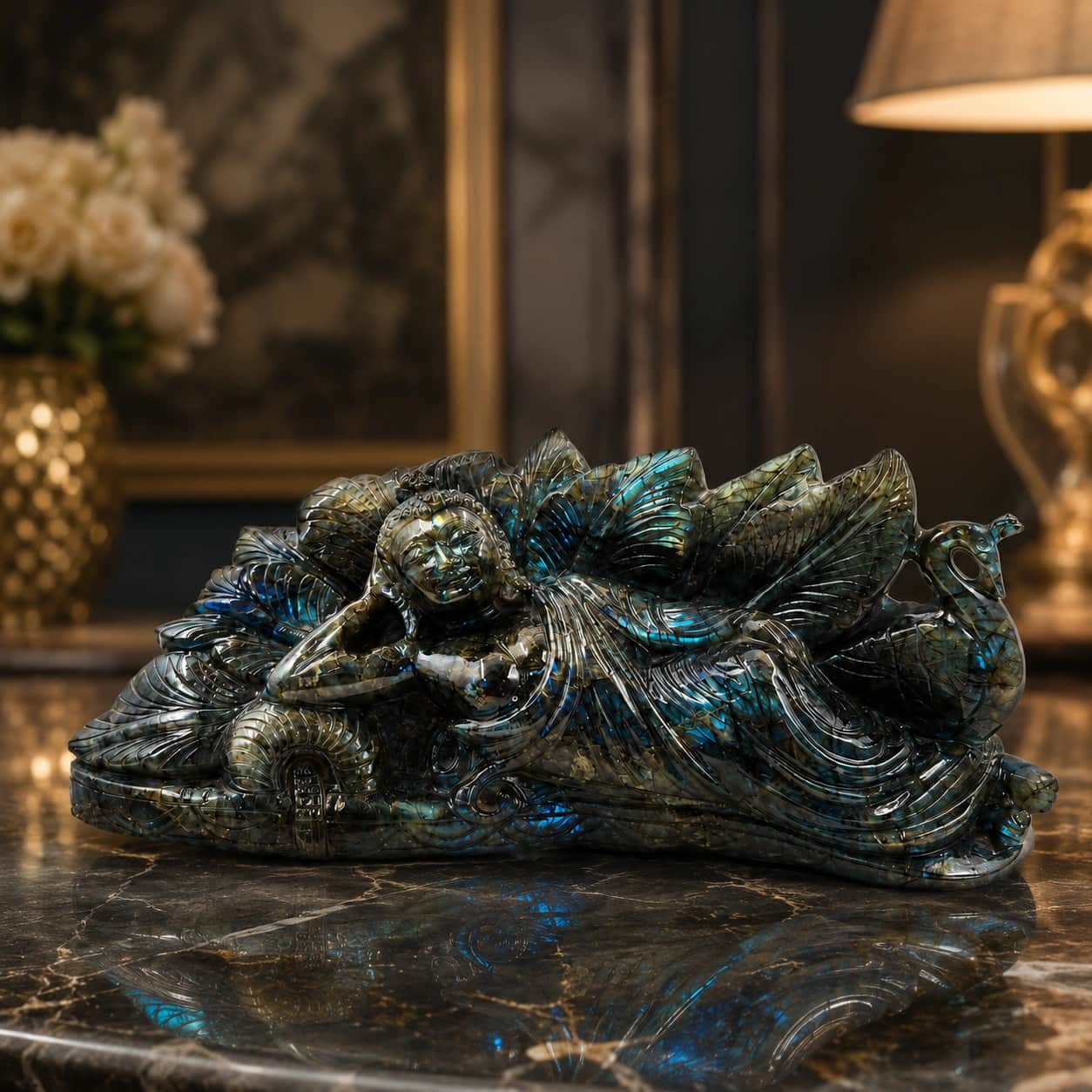 Hand-Carved Labradorite Sculpture | Natural Polished Stone Reclining Figure Carving | Luxury Decorative Art Piece 1