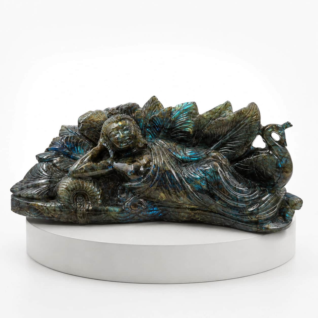 Hand-Carved Labradorite Sculpture | Natural Polished Stone Reclining Figure Carving | Luxury Decorative Art Piece 2