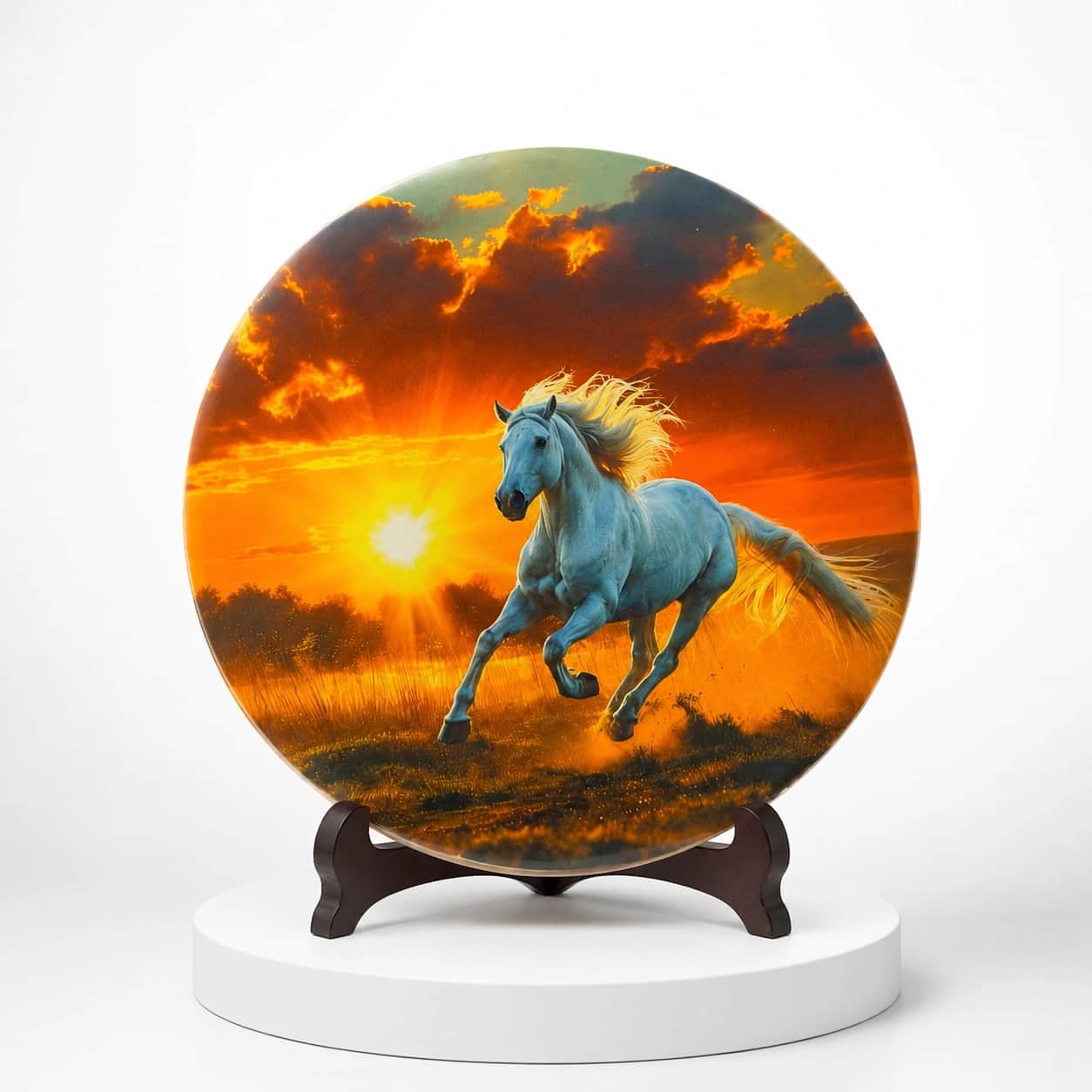 Hand-Painted Decorative White Horse Sunset Plate – Luxury Art Display Plate with Wooden Stand 2