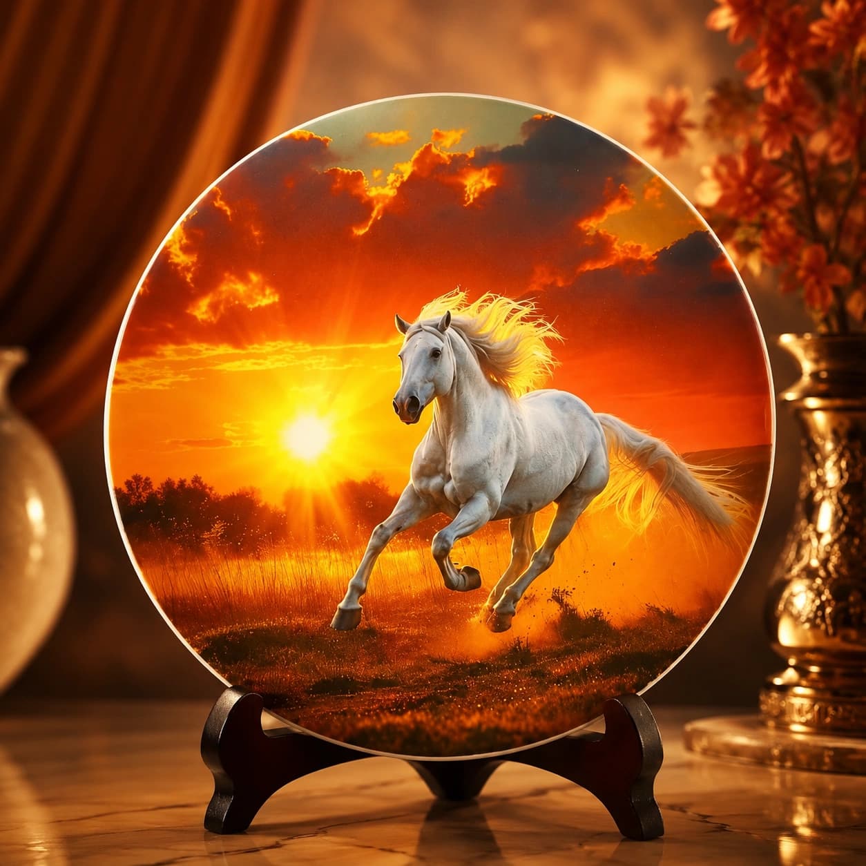 Hand-Painted Decorative White Horse Sunset Plate – Luxury Art Display Plate with Wooden Stand
