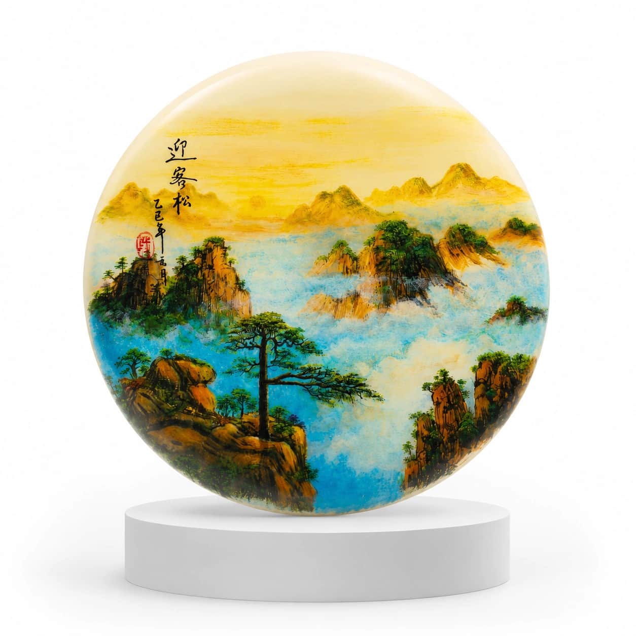 Hand-Painted Landscape Decorative Plate – Premium Round Scenic Stone Art Piece with Stand 2