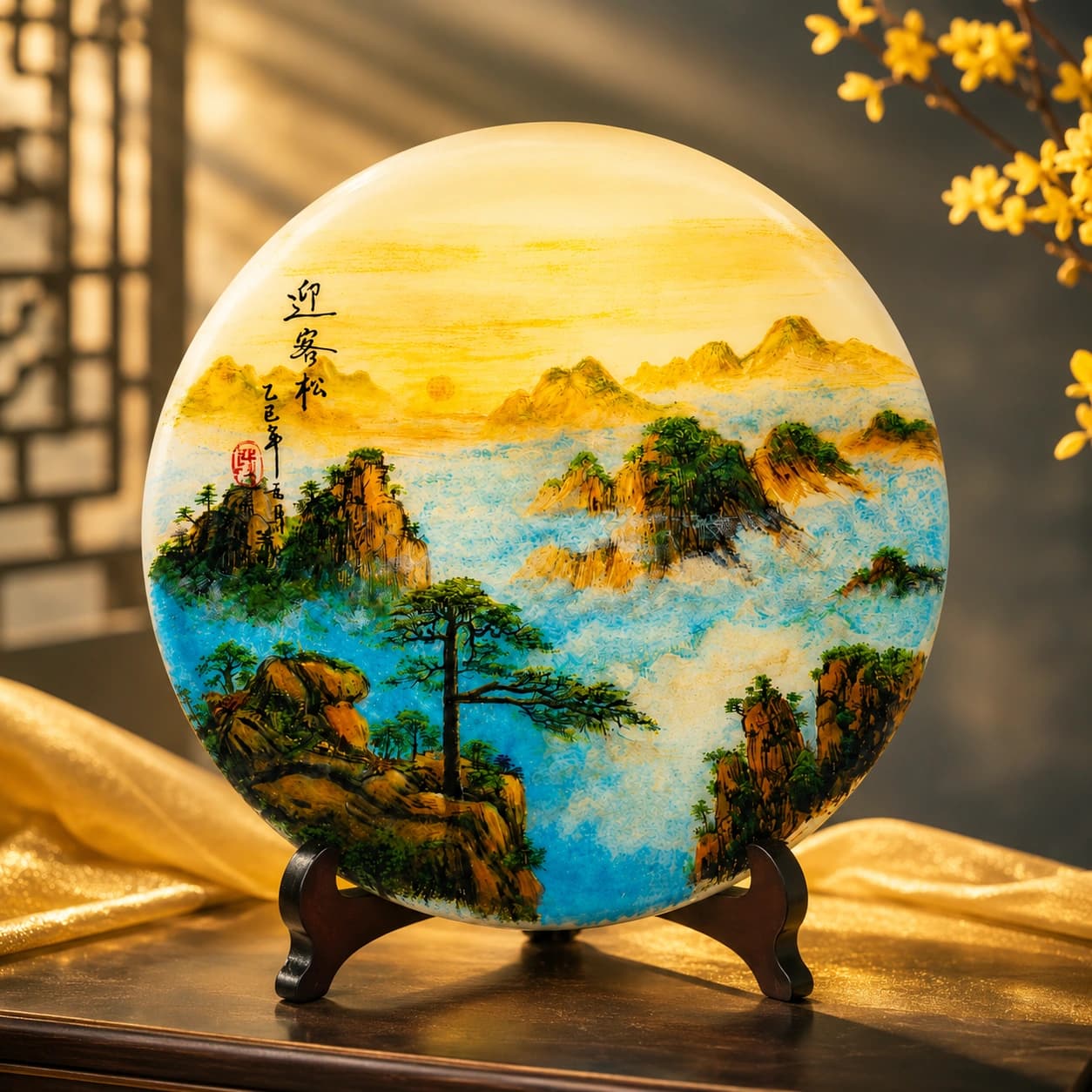 Hand-Painted Landscape Decorative Plate – Premium Round Scenic Stone Art Piece with Stand