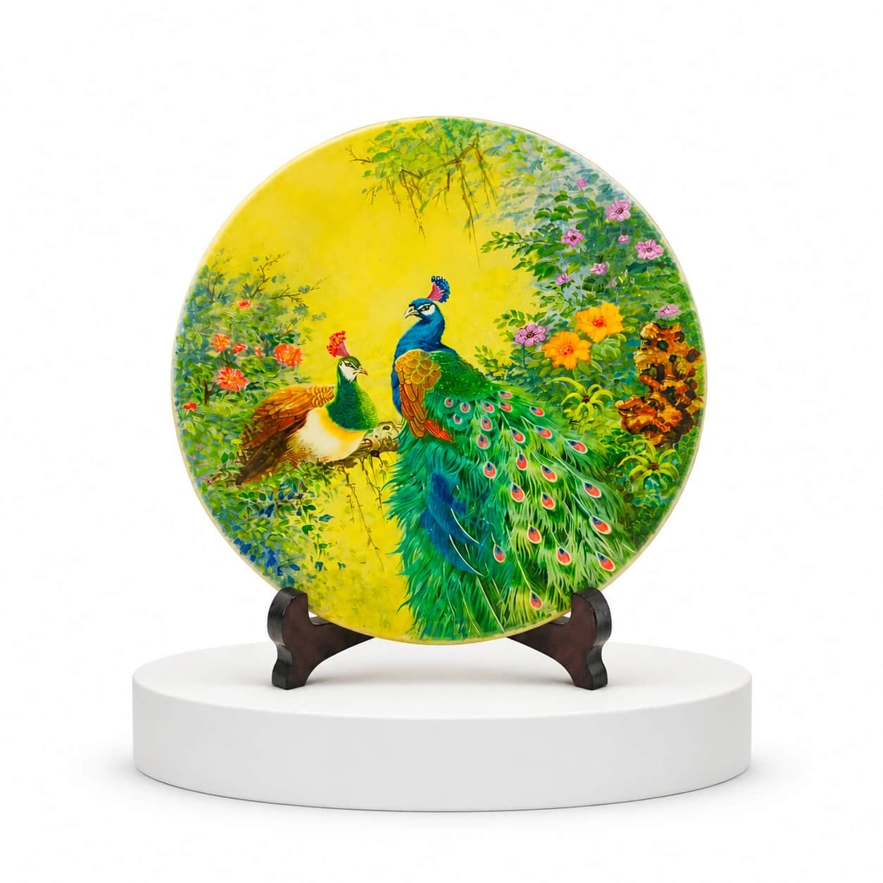 Hand-Painted Peacock Decorative Plate with Display Stand | Premium Round Art Decor Plate for Home, Office & Gifting 2
