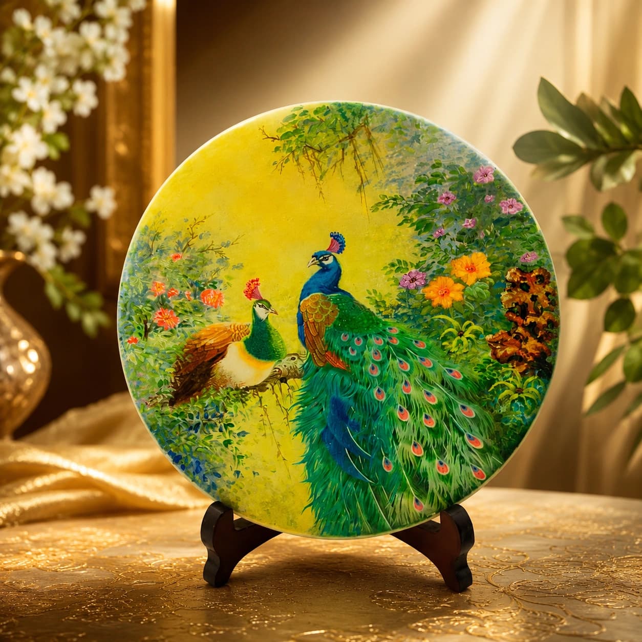 Hand-Painted Peacock Decorative Plate with Display Stand | Premium Round Art Decor Plate for Home, Office & Gifting
