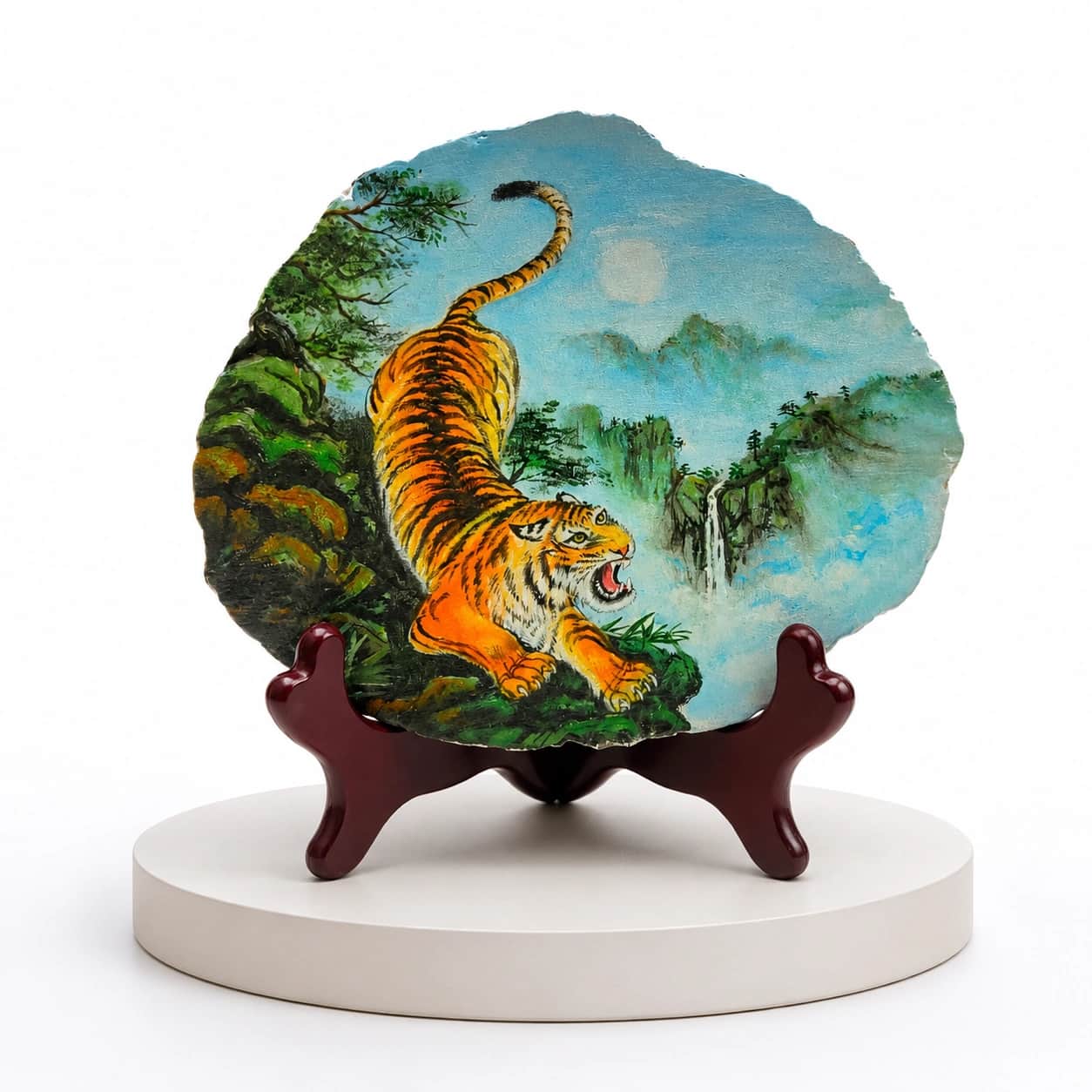 Hand-Painted Tiger Natural Stone Art Slice with Wooden Stand | Luxury Tabletop Home Décor 2
