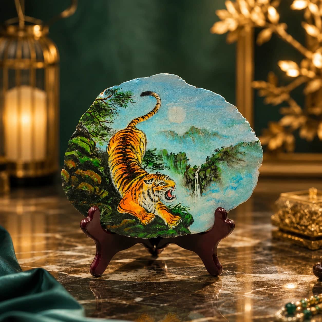 Hand-Painted Tiger Natural Stone Art Slice with Wooden Stand | Luxury Tabletop Home Décor 1