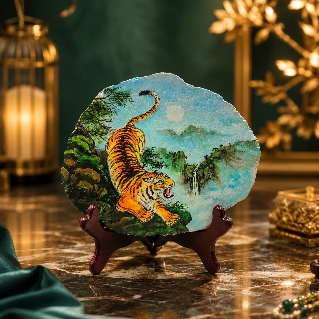 Hand-Painted Tiger Natural Stone Art Slice with Wooden Stand | Luxury Tabletop Home Décor