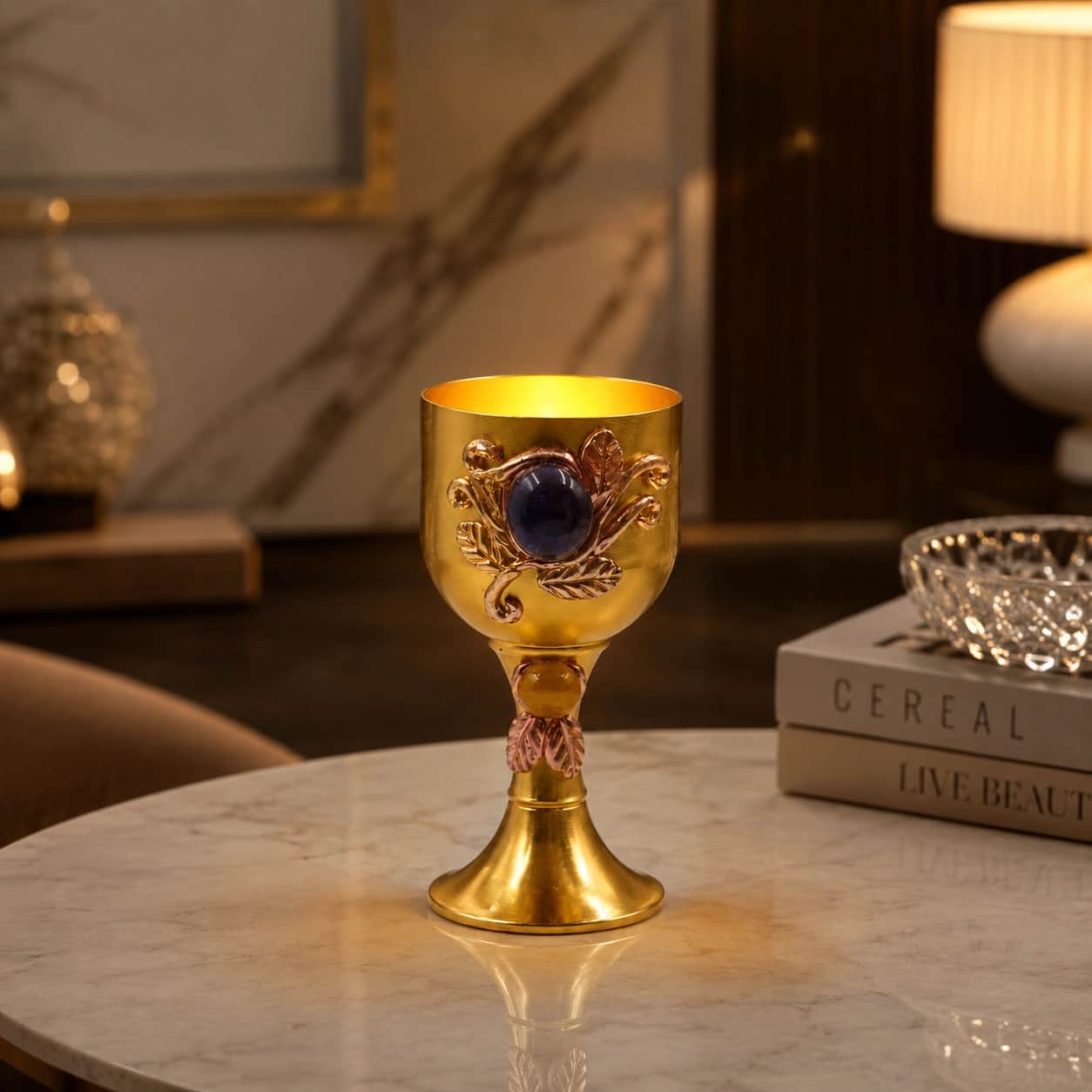 Handcrafted Copper LED Decorative Goblet with Blue Gemstone Accent 1