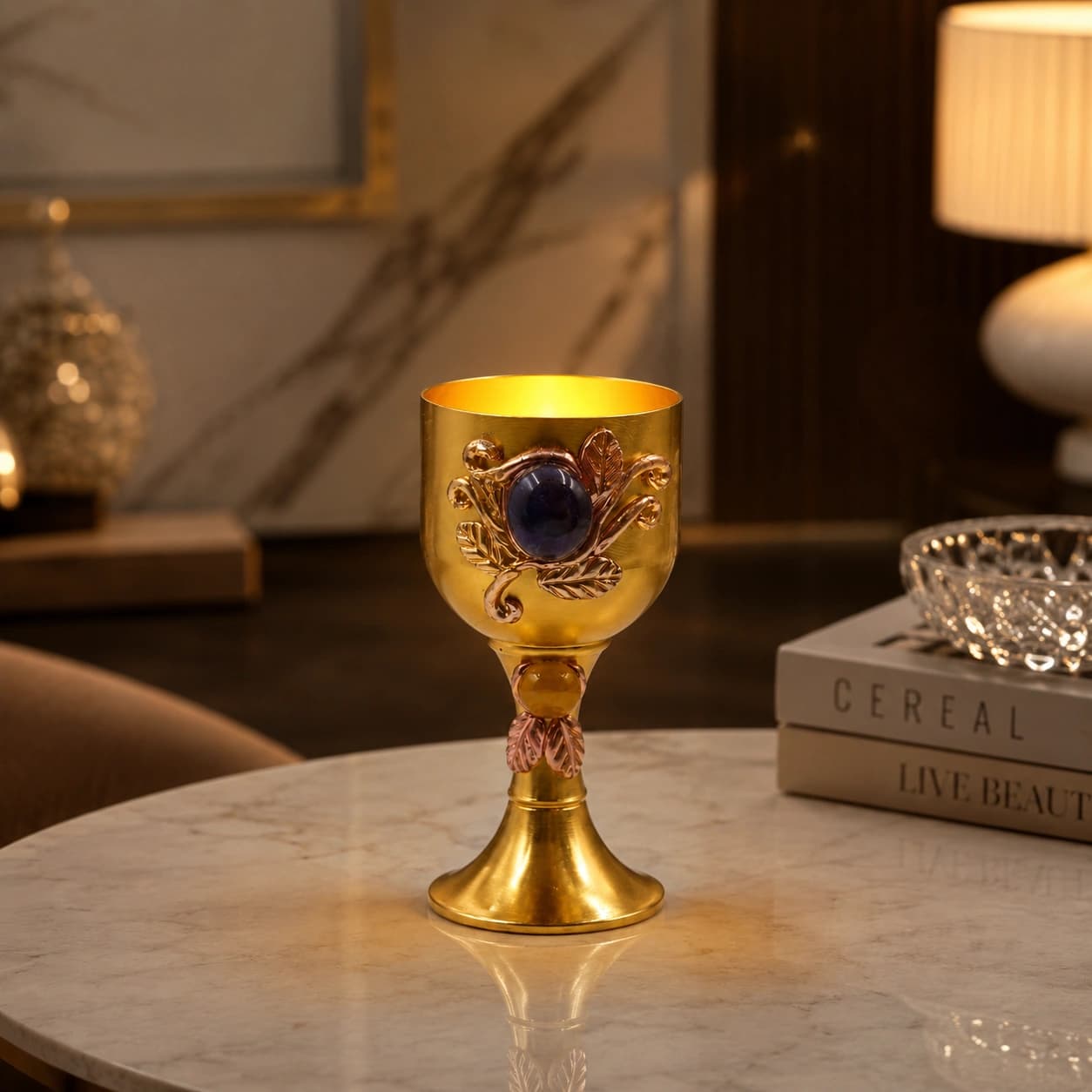 Handcrafted Copper LED Decorative Goblet with Blue Gemstone Accent