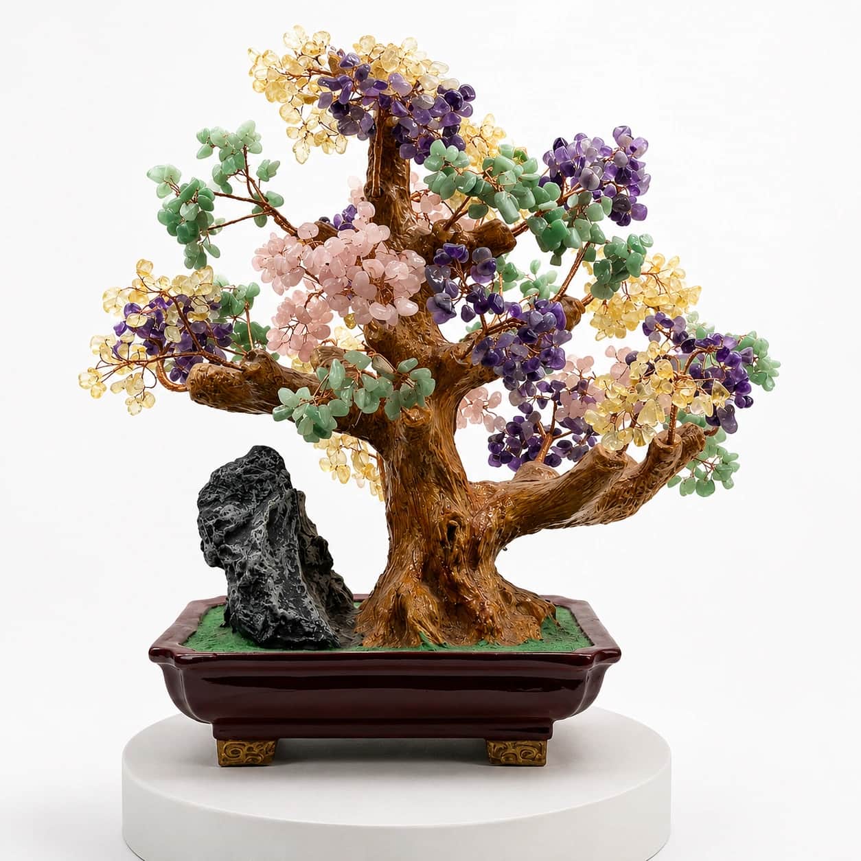 Handcrafted Multicolor Gemstone Bonsai Tree Decor Sculpture with Amethyst, Citrine, Green Aventurine & Rose Quartz Foliage, Black Stone Accent, Glossy Display Planter - 52 cm 2