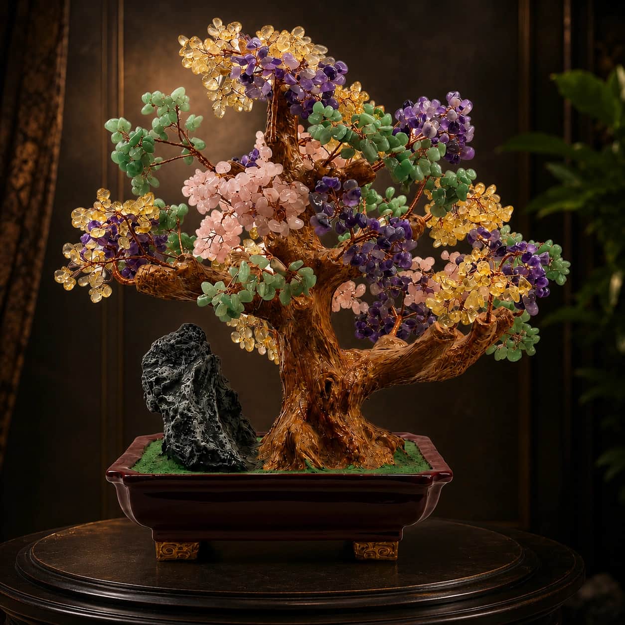 Handcrafted Multicolor Gemstone Bonsai Tree Decor Sculpture with Amethyst, Citrine, Green Aventurine & Rose Quartz Foliage, Black Stone Accent, Glossy Display Planter - 52 cm 1