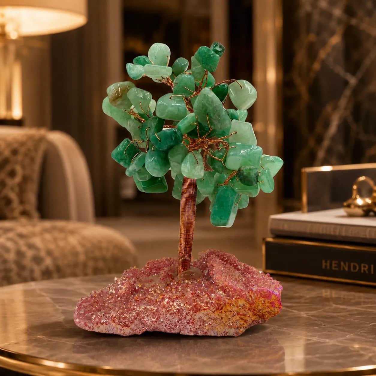 Handcrafted Natural Gemstone Tree Decor with Copper Wire & Crystal Cluster Base – 72 Beads 1