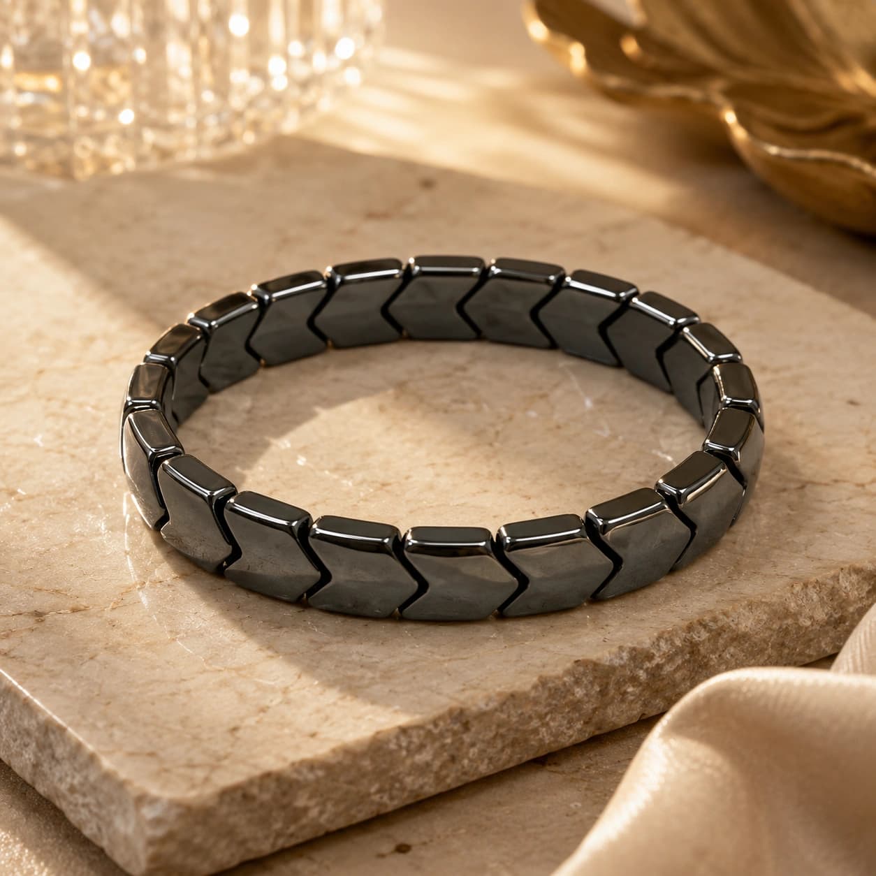 Hematite Crystal Bracelet - Chevron Arrow Tile Bead Stretch Bracelet for Grounding, Protection, Focus & Strength | Premium Healing Crystal Jewellery | Unisex